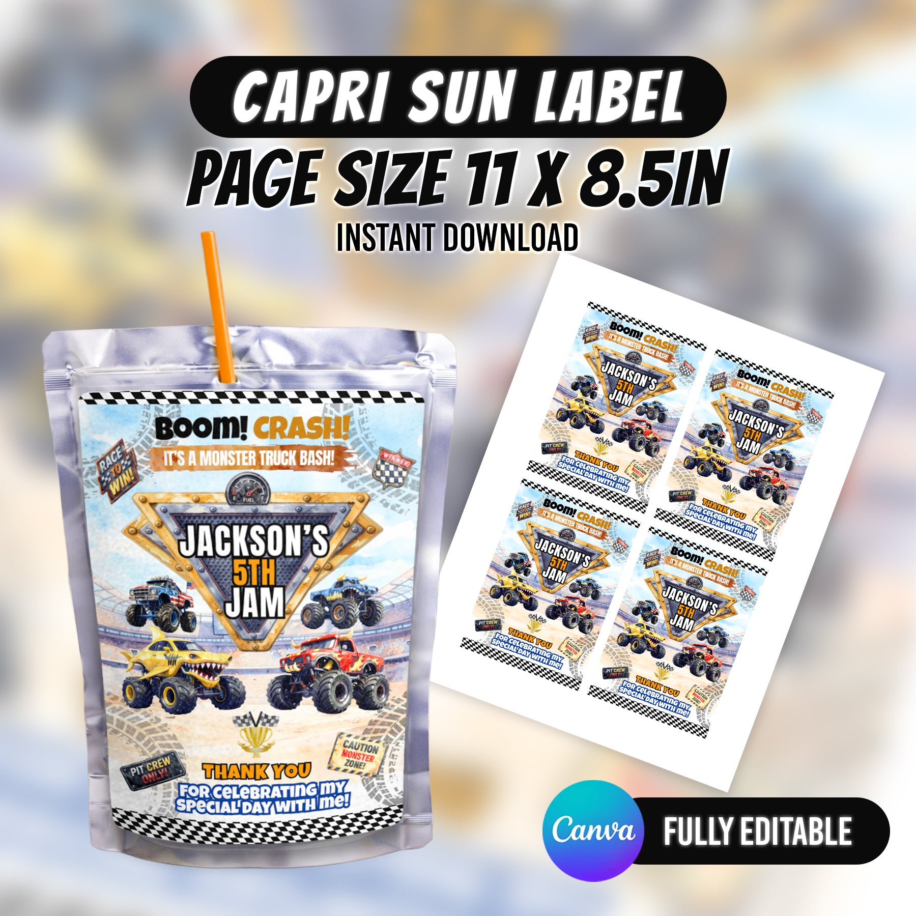Monster Truck Bash Birthday Party Favor Bundle Canva 10 Item Boys Party Kit Arena Truck Water Bottle Chip Bag Invitation Instant Download