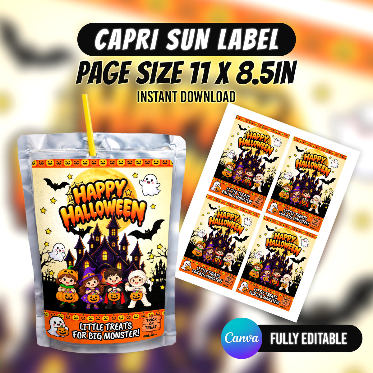 Make Halloween extra spooky with 8 editable Canva party favor templates, including chip bags, bottle labels, candy wrappers and treat packaging. Instant digital download from PXGFX.