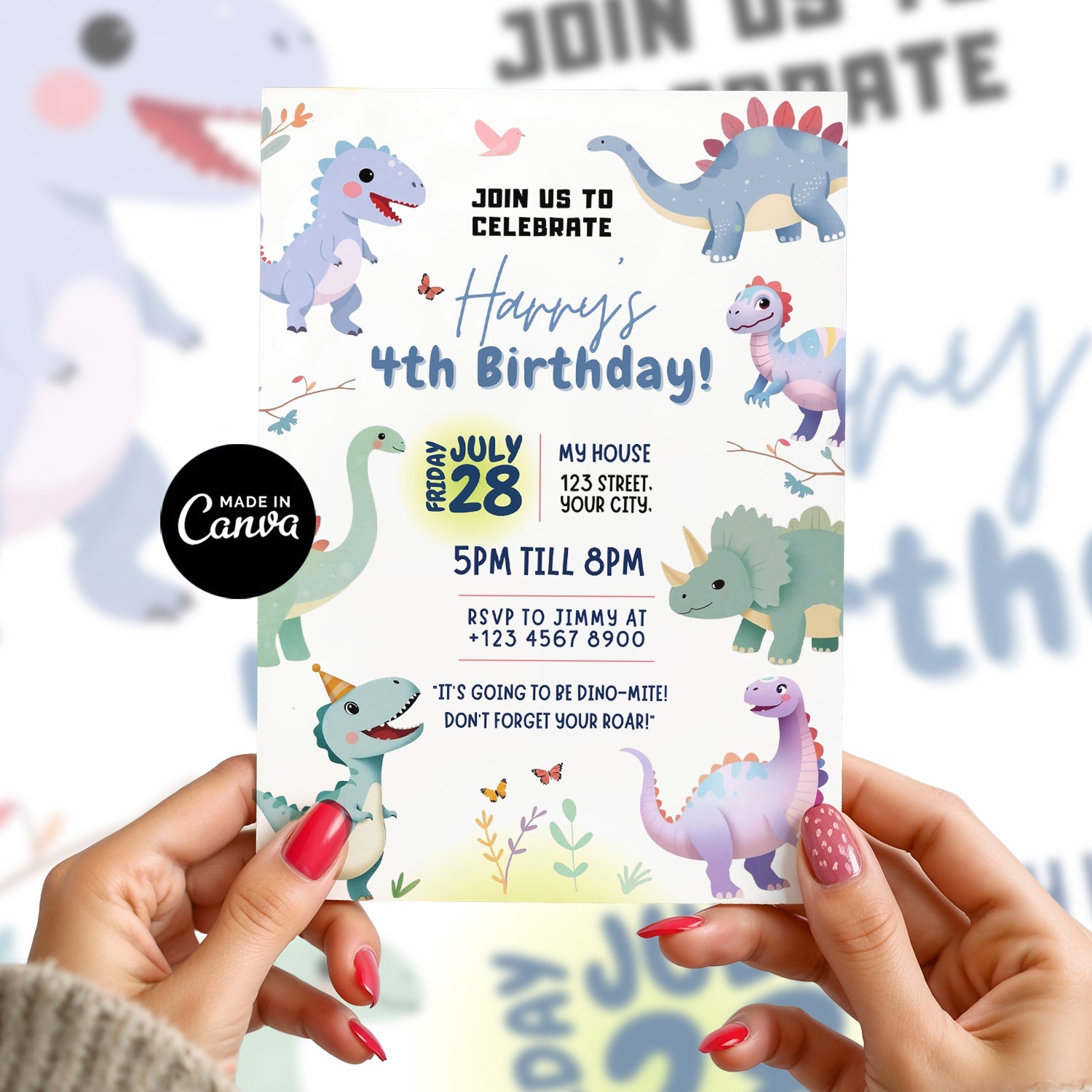 Dinosaur Birthday Party Invitation Canva Template Editable Cute Dino Kids Birthday Invite Card