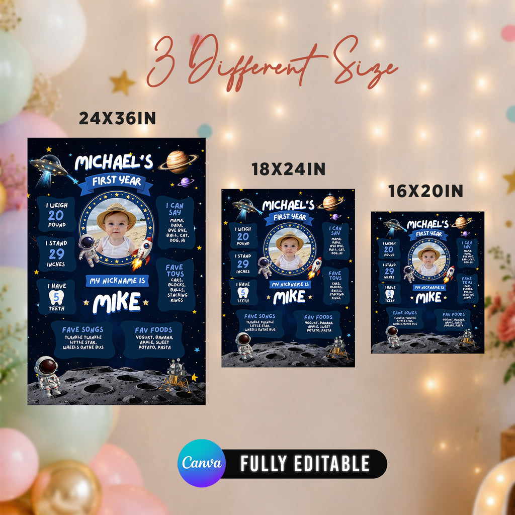 Space 1st Birthday Milestone Board Canva Template 3 Sizes Included Editable Outer Space Baby First Year Sign Poster |