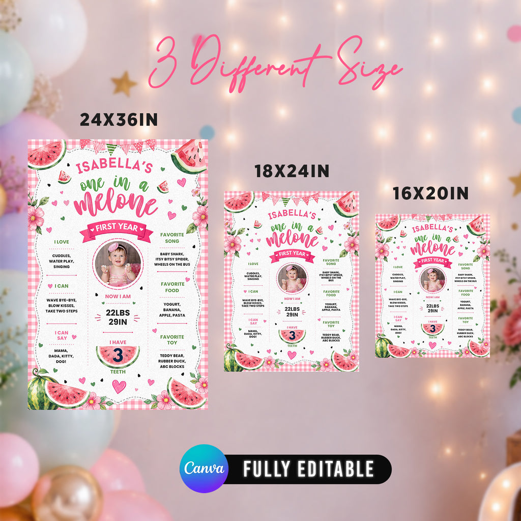 One in a Melon 1st Birthday Milestone Board Canva 3 Sizes Included