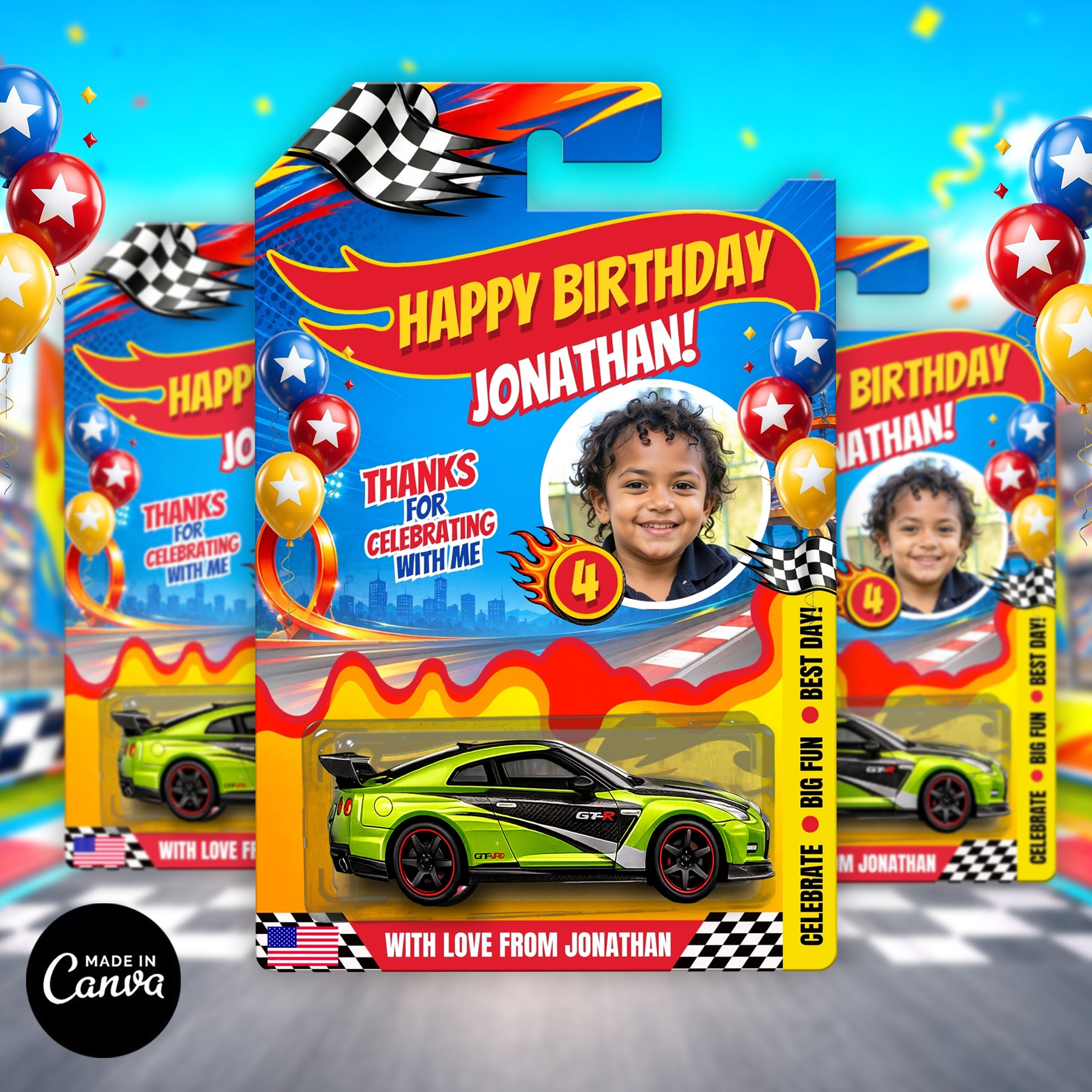 Kids Birthday Toy Car Favor Template Canva Editable Racing Car Party Favor