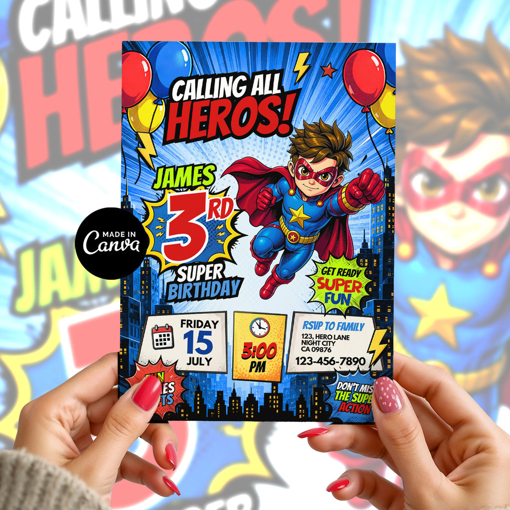 Superhero Birthday Invitation Canva Template | Editable Calling All HerBoy Birthday Invite | Cooes mic Style Party Card | Instant Download