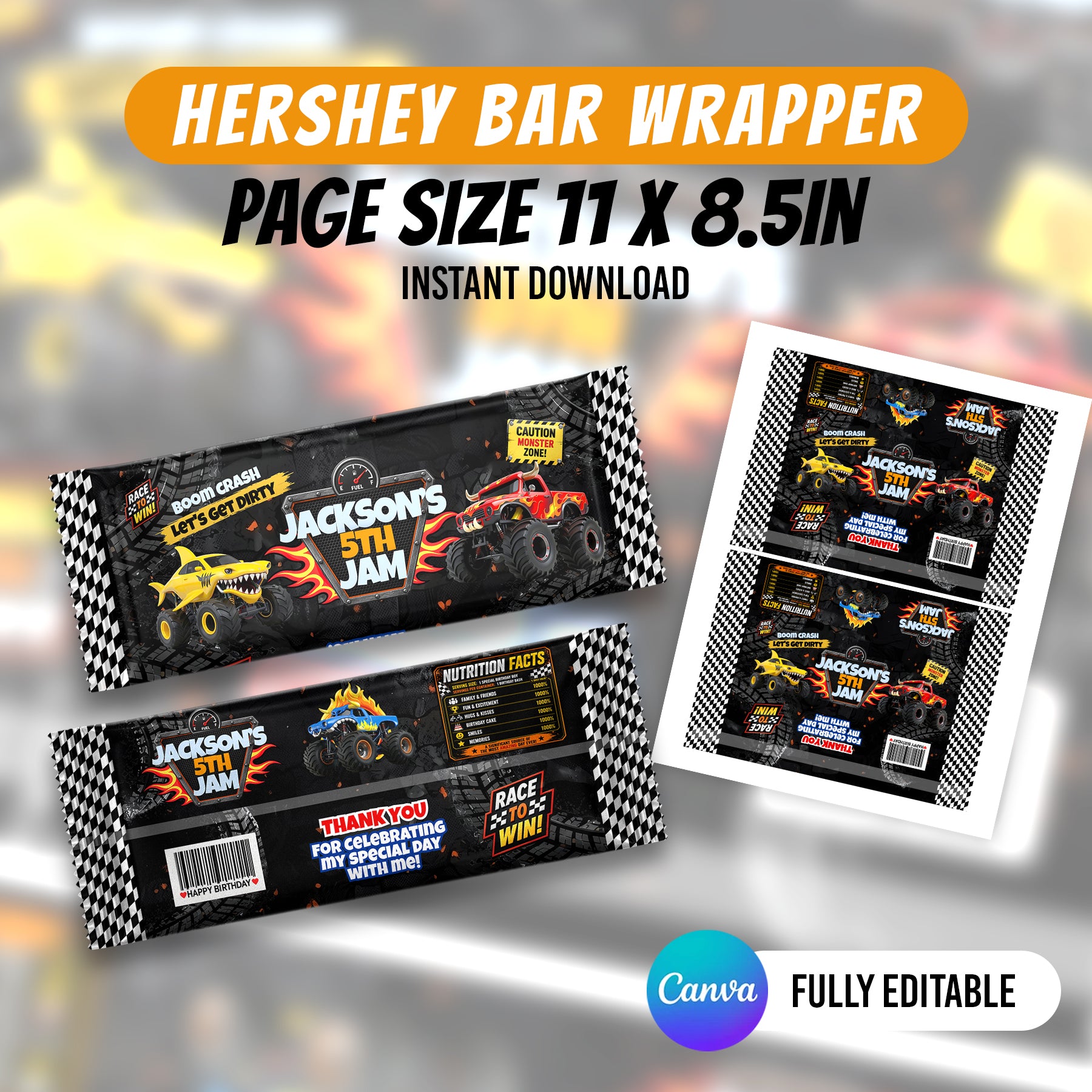 Monster Truck Birthday Party Favor Bundle Canva Editable 10 Item Boys Party Boom Crash Water Bottle Chip Bag Invitation Instant Download