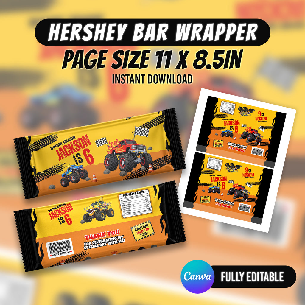 Monster Truck Bash Birthday Party Favor Bundle Canva 10 Item