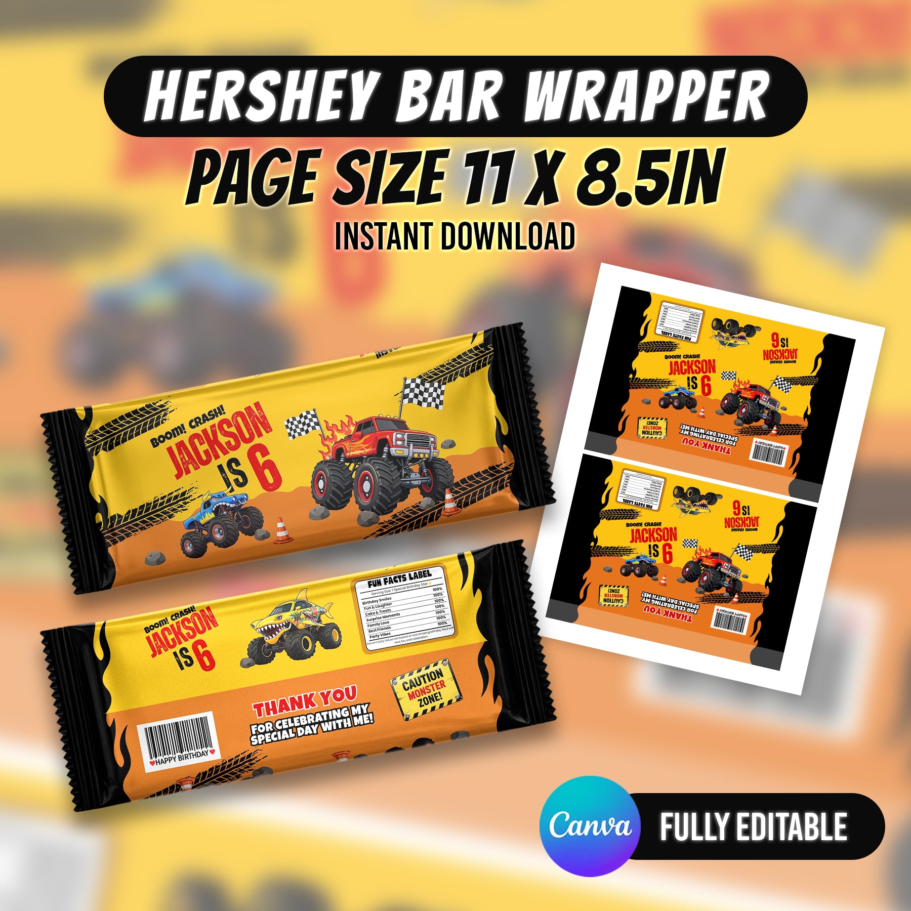 Monster Truck Bash Birthday Party Favor Bundle Canva 10 Item