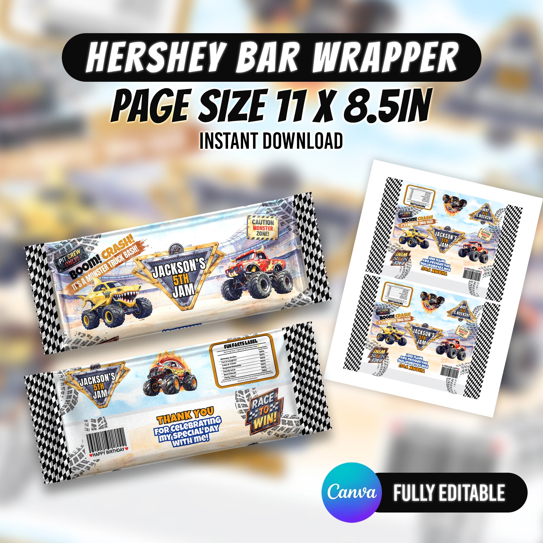 Monster Truck Bash Birthday Party Favor Bundle Canva 10 Item Boys Party Kit Arena Truck Water Bottle Chip Bag Invitation Instant Download