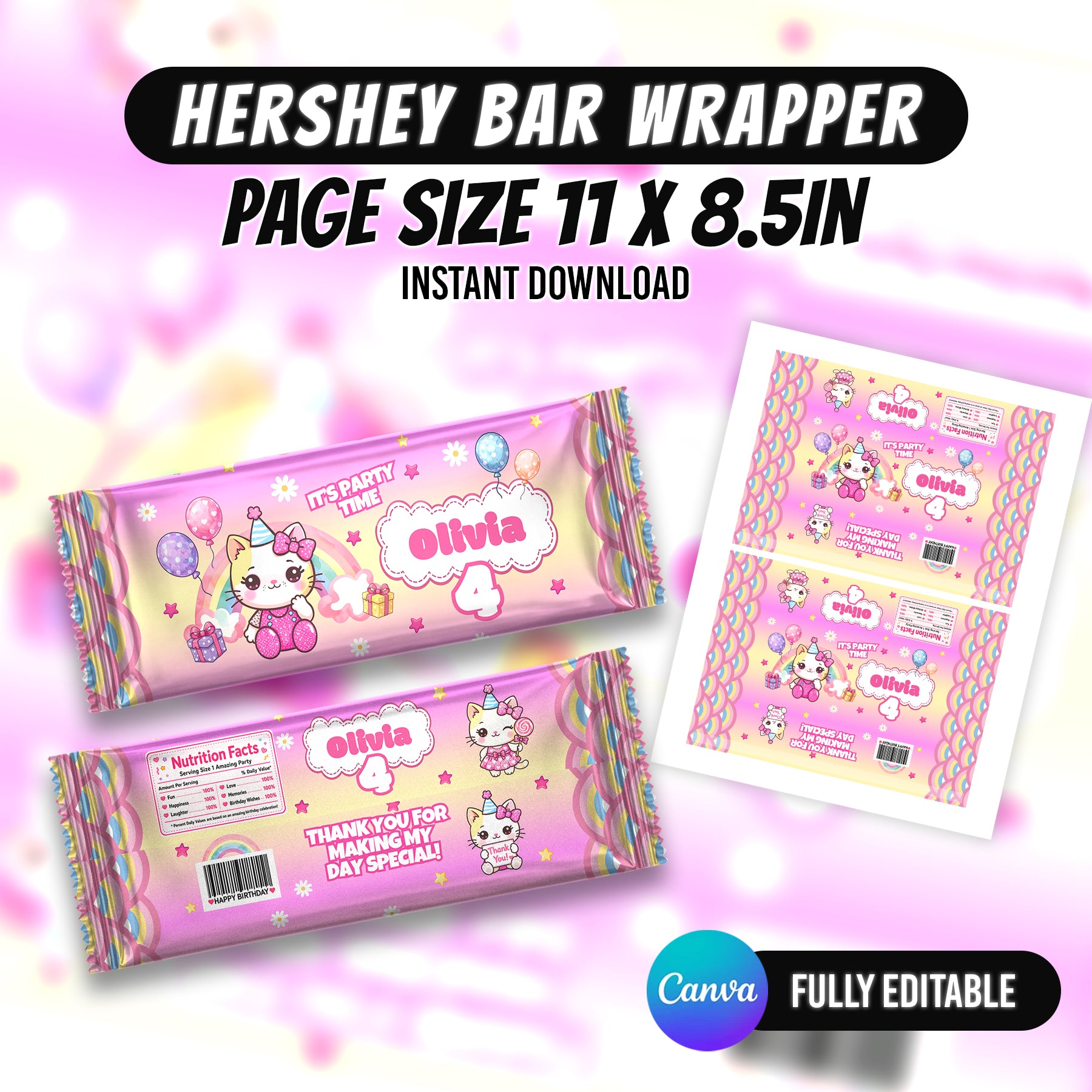 Kawaii Cat Birthday Party Favor Bundle Canva Editable 10 Item Pink Girls Party Cute Cat Water Bottle Chip Bag Invitation Instant Download