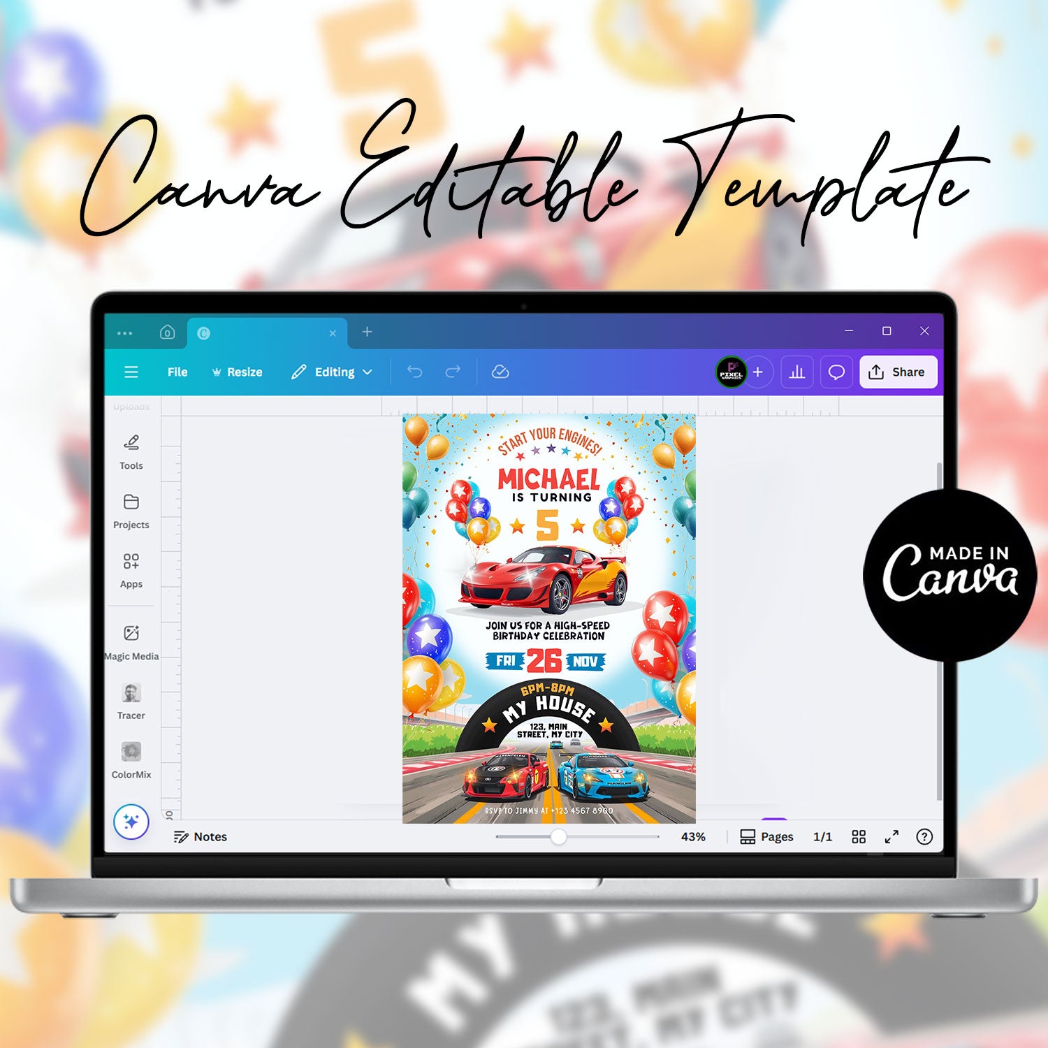 Racing Car Birthday Invitation Canva Editable Race Car Birthday Party Invite