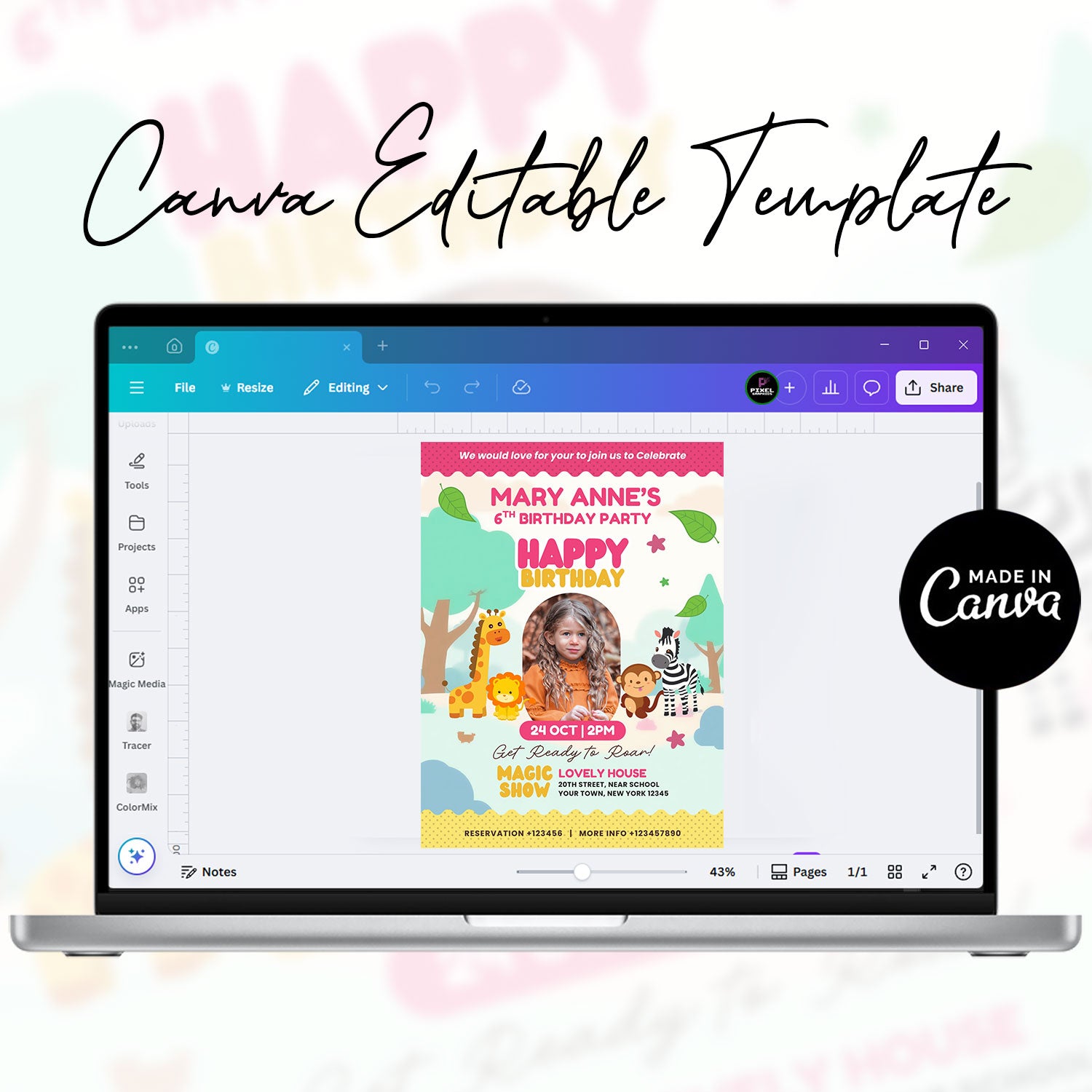 Zoo Birthday Invitation Canva | Editable Safari Animal Birthday Party Invite