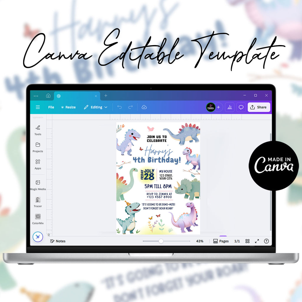Dinosaur Birthday Party Invitation Canva Template Editable Cute Dino Kids Birthday Invite Card