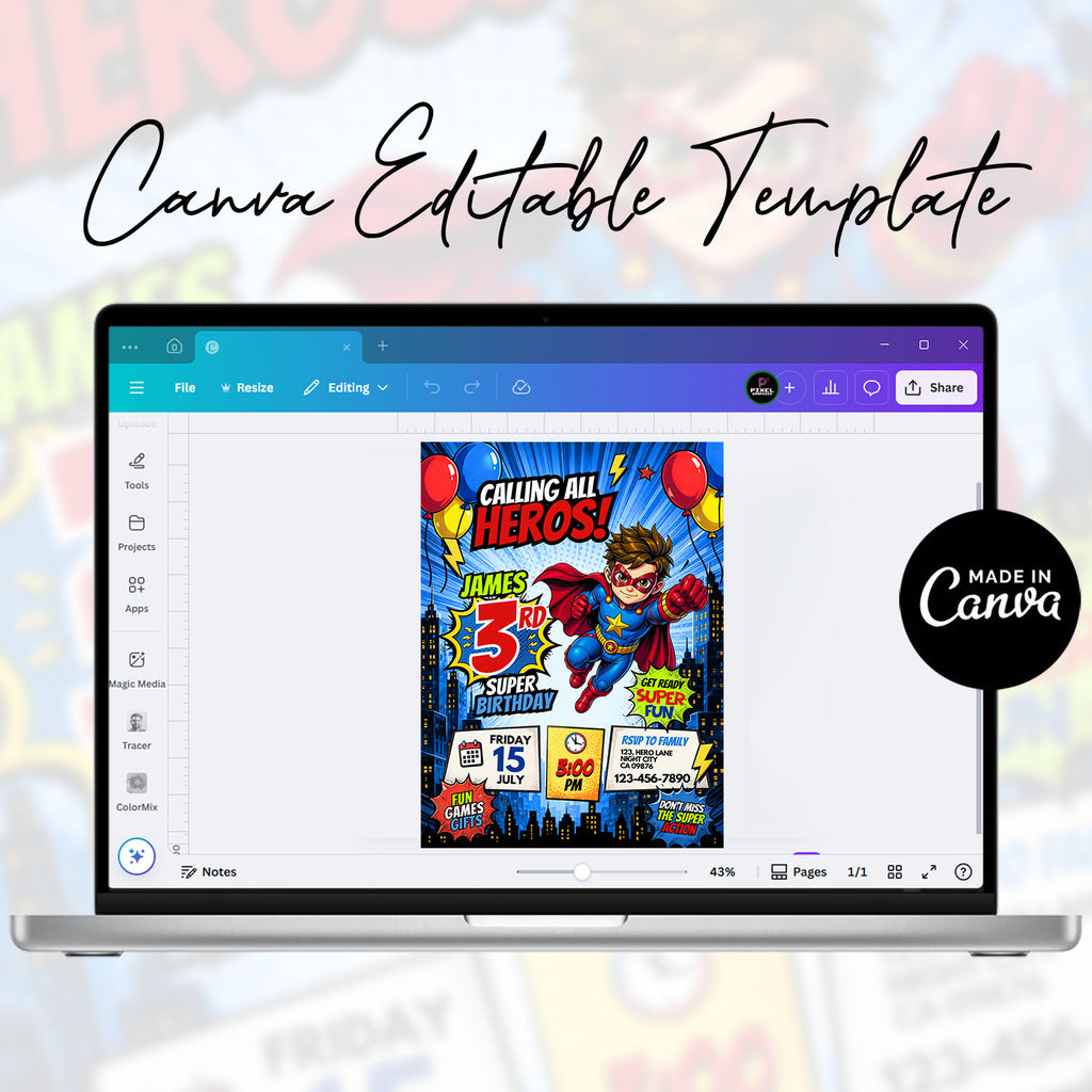 Superhero Birthday Invitation Canva Template | Editable Calling All HerBoy Birthday Invite | Cooes mic Style Party Card | Instant Download