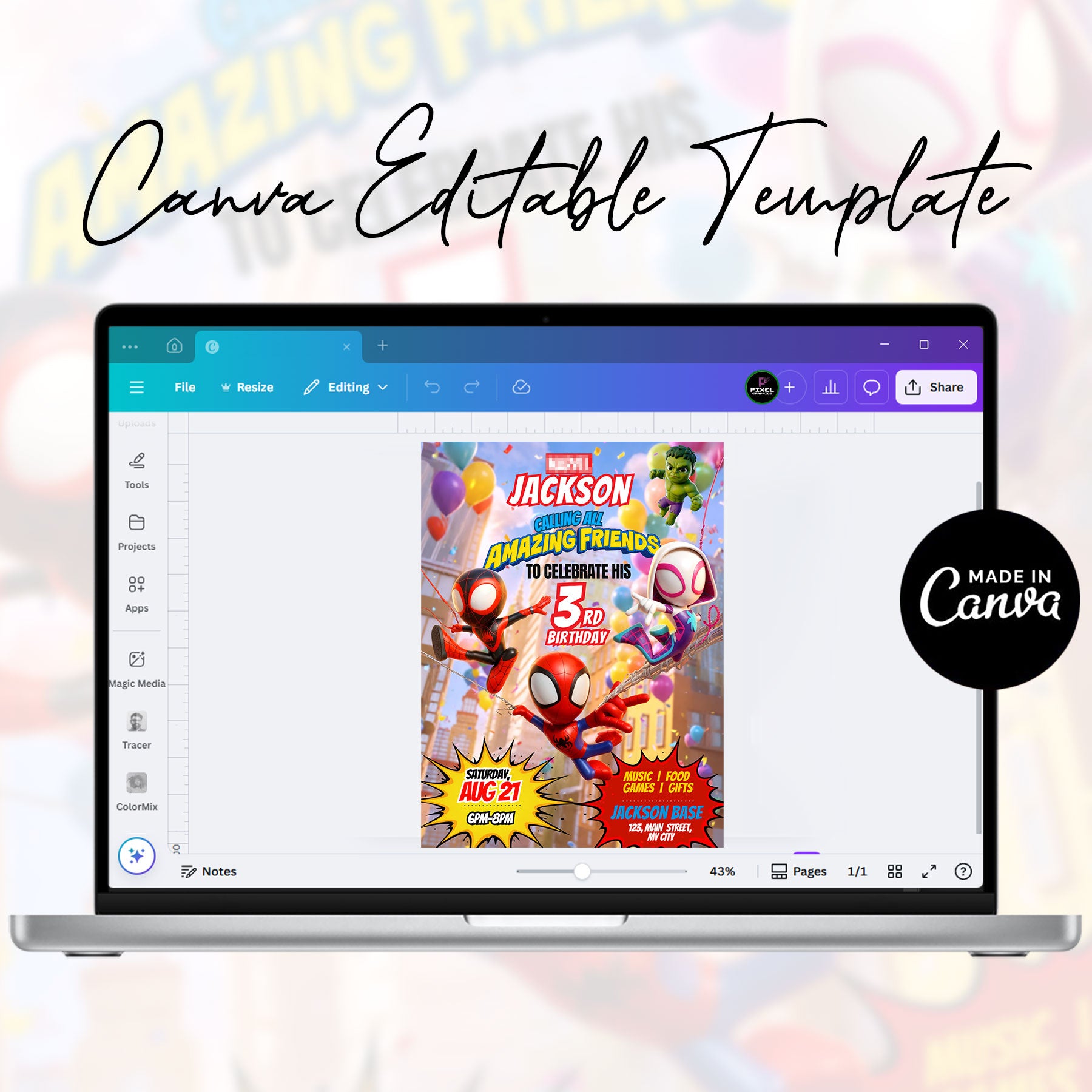 Spidey Superhero Birthday Invitation Canva Template | Editable Web Hero Kids Party Invite | Amazing Friends Birthday Card | Digital Download