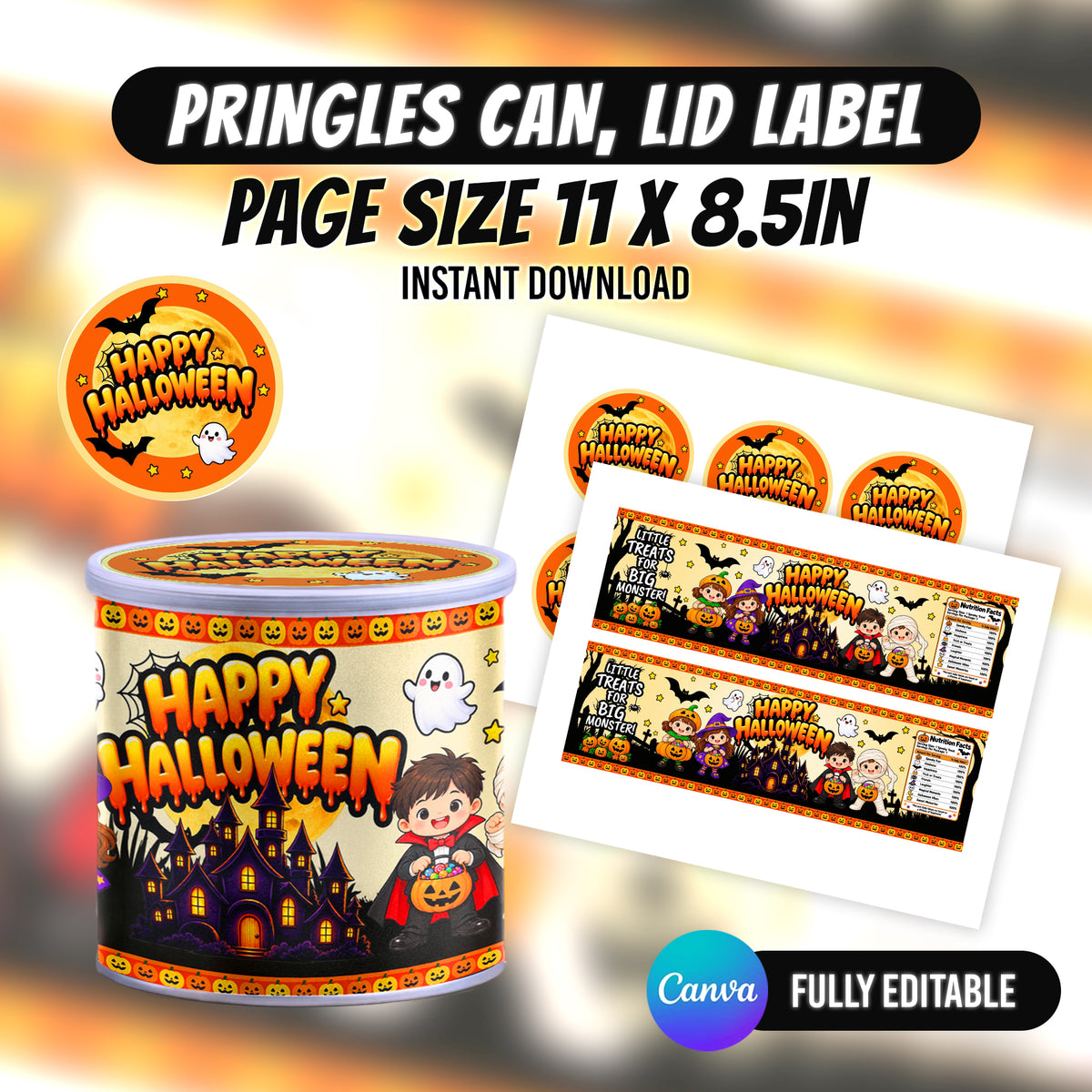 Make Halloween extra spooky with 8 editable Canva party favor templates, including chip bags, bottle labels, candy wrappers and treat packaging. Instant digital download from PXGFX.