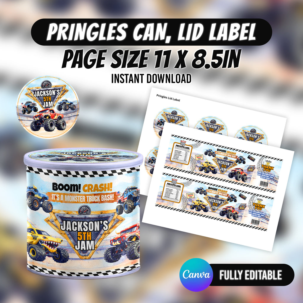 Monster Truck Bash Birthday Party Favor Bundle Canva 10 Item Boys Party Kit Arena Truck Water Bottle Chip Bag Invitation Instant Download