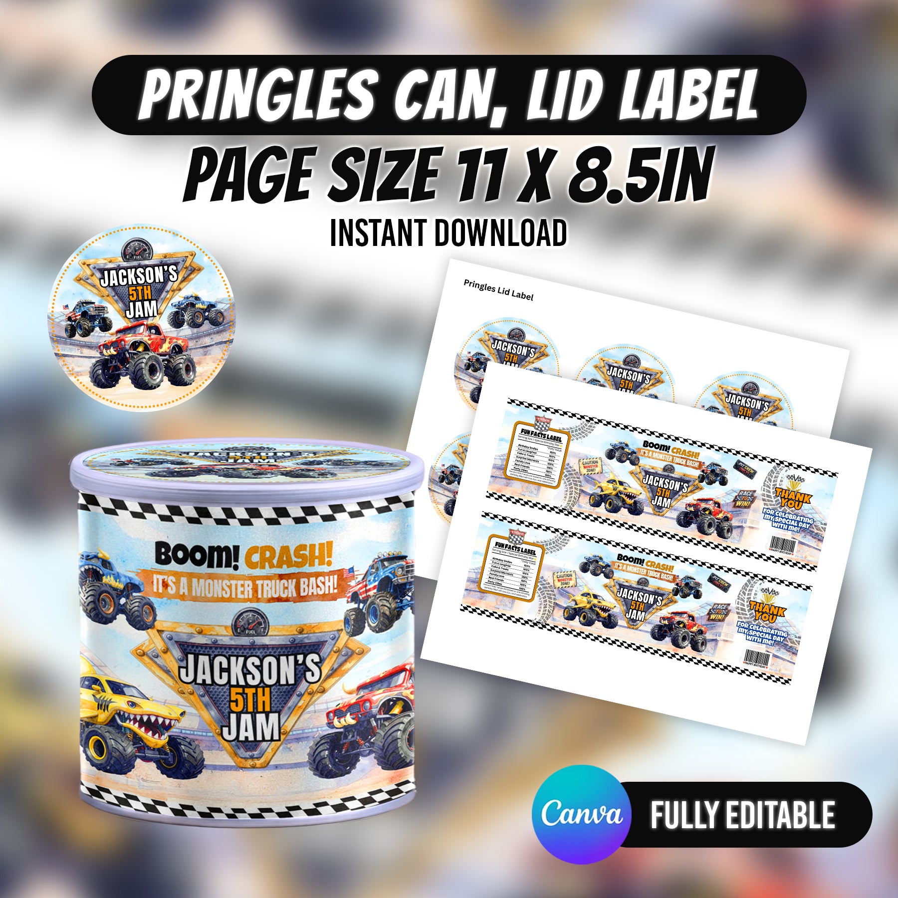 Monster Truck Bash Birthday Party Favor Bundle Canva 10 Item Boys Party Kit Arena Truck Water Bottle Chip Bag Invitation Instant Download