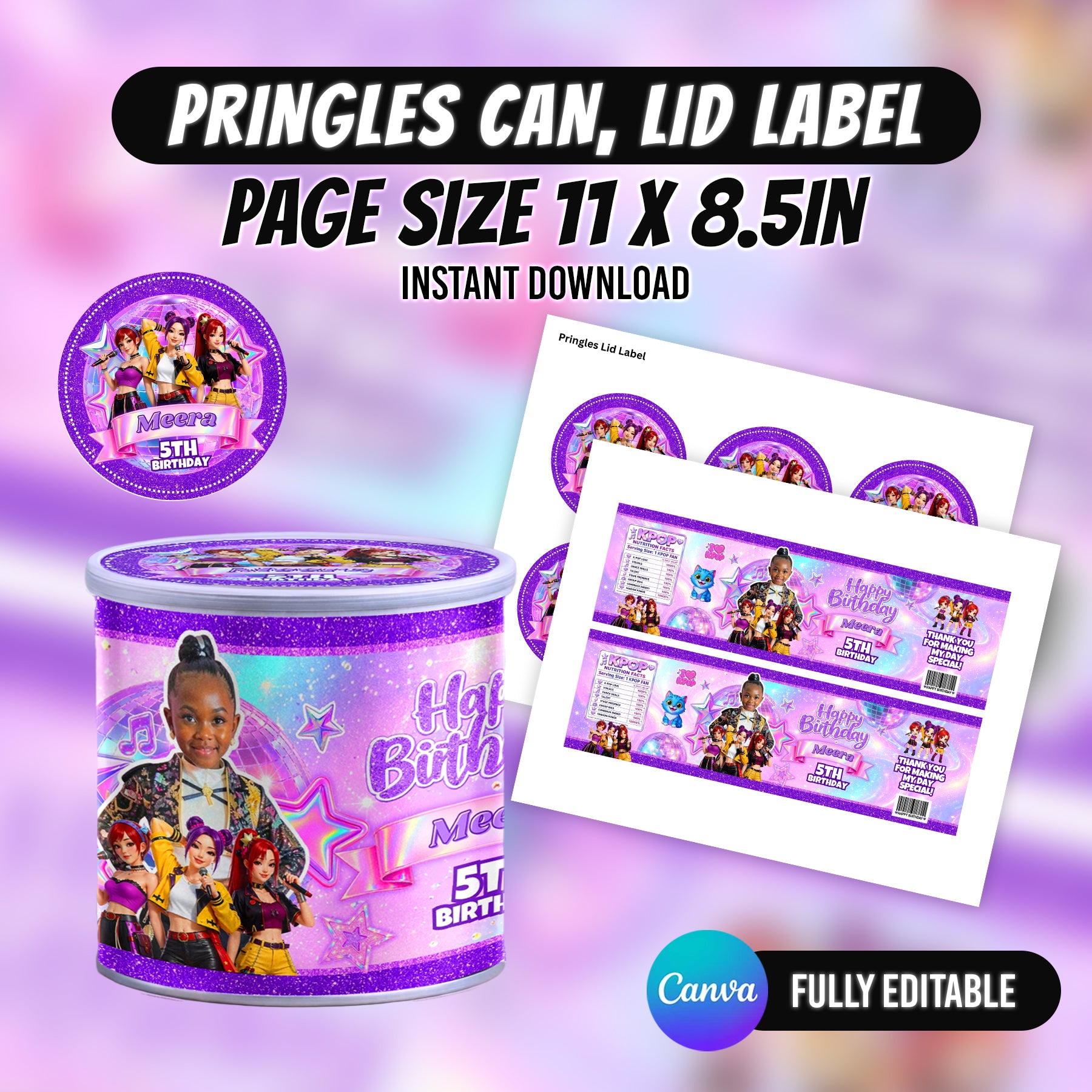 Kpop Theme Birthday Party Favor Bundle Canva | Editable 10 Item Purple Party Kit