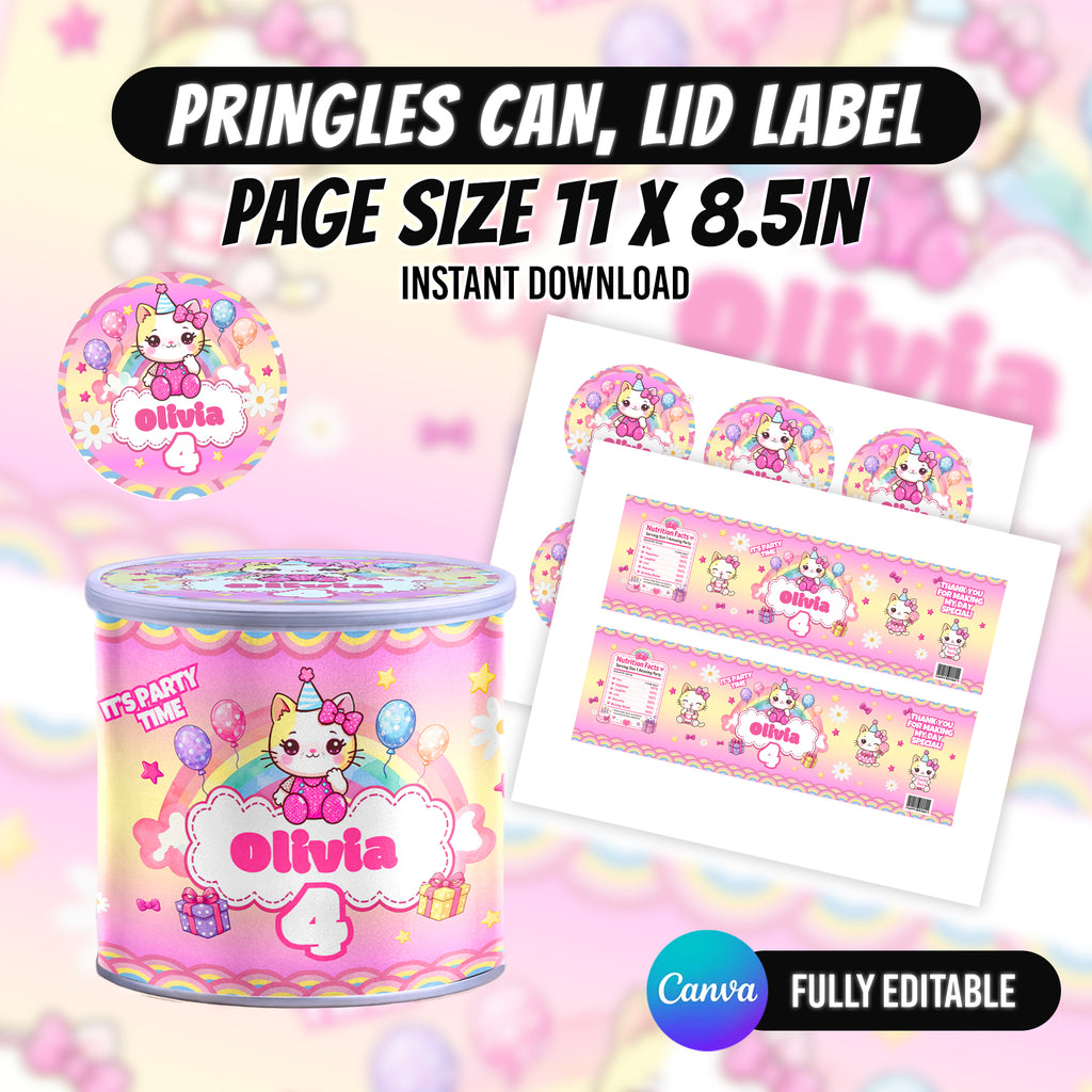 Kawaii Cat Birthday Party Favor Bundle Canva Editable 10 Item Pink Girls Party Cute Cat Water Bottle Chip Bag Invitation Instant Download