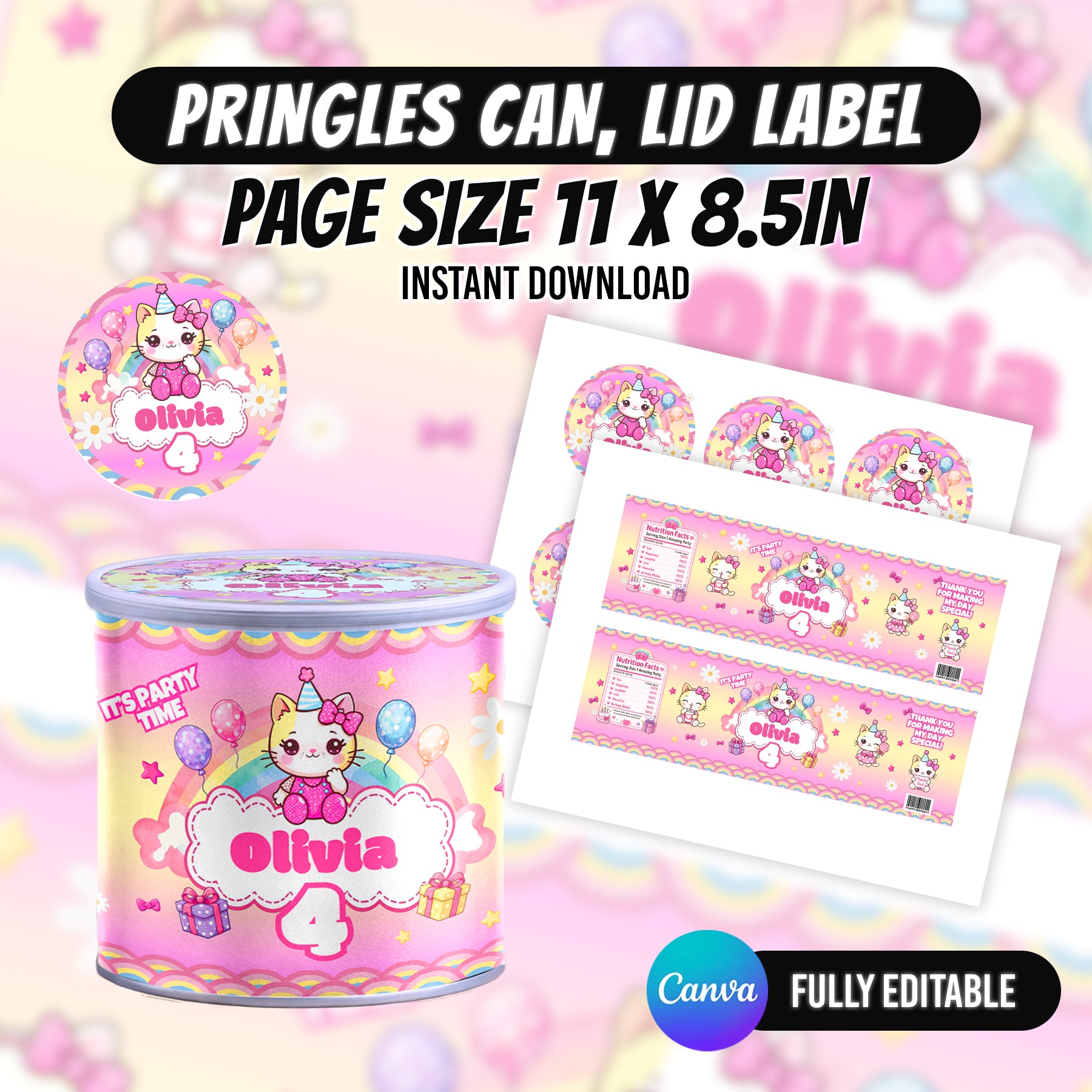 Kawaii Cat Birthday Party Favor Bundle Canva Editable 10 Item Pink Girls Party Cute Cat Water Bottle Chip Bag Invitation Instant Download