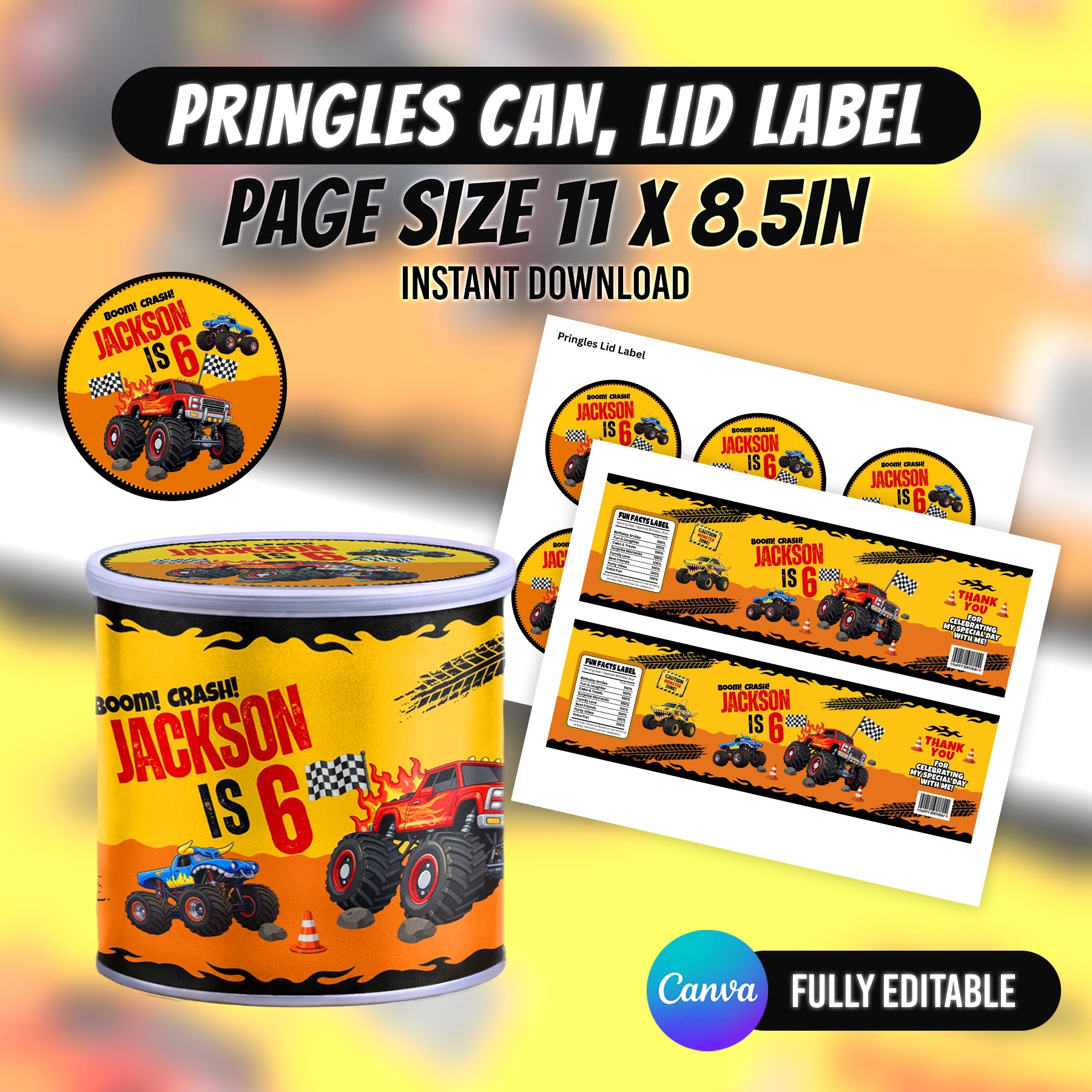Monster Truck Bash Birthday Party Favor Bundle Canva 10 Item