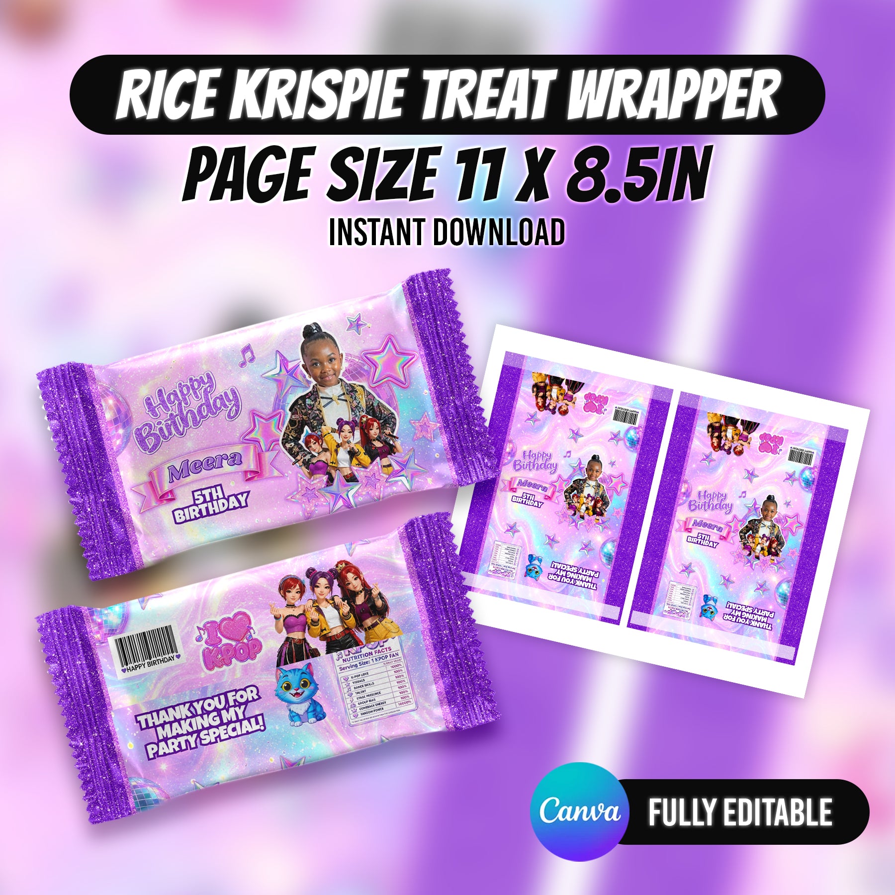 Kpop Theme Birthday Party Favor Bundle Canva | Editable 10 Item Purple Party Kit