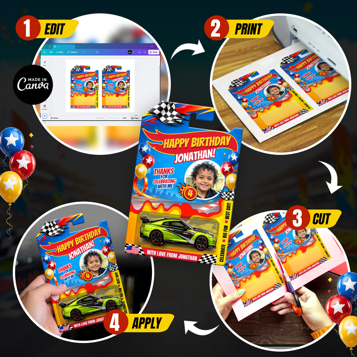Kids Birthday Toy Car Favor Template Canva Editable Racing Car Party Favor
