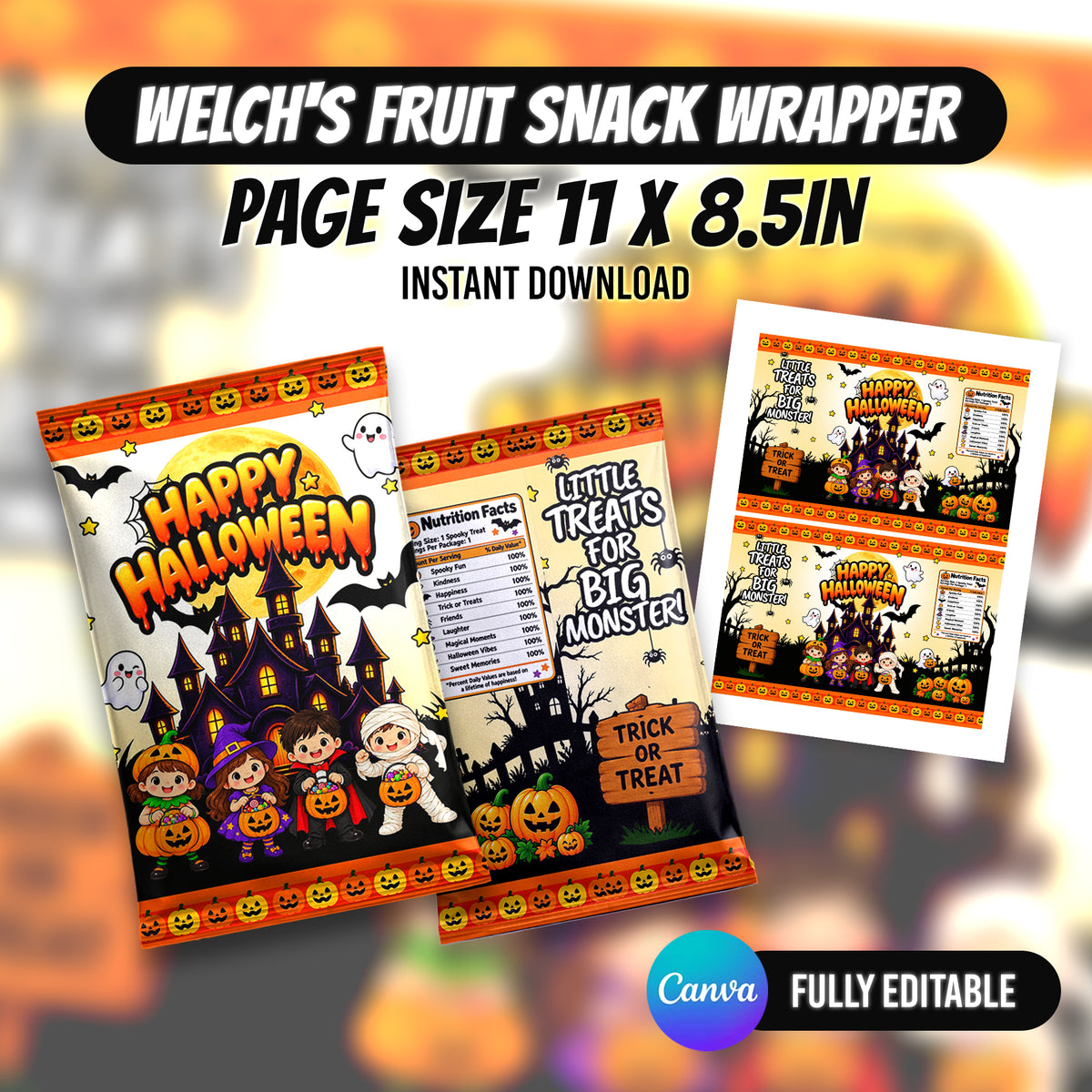 Make Halloween extra spooky with 8 editable Canva party favor templates, including chip bags, bottle labels, candy wrappers and treat packaging. Instant digital download from PXGFX.