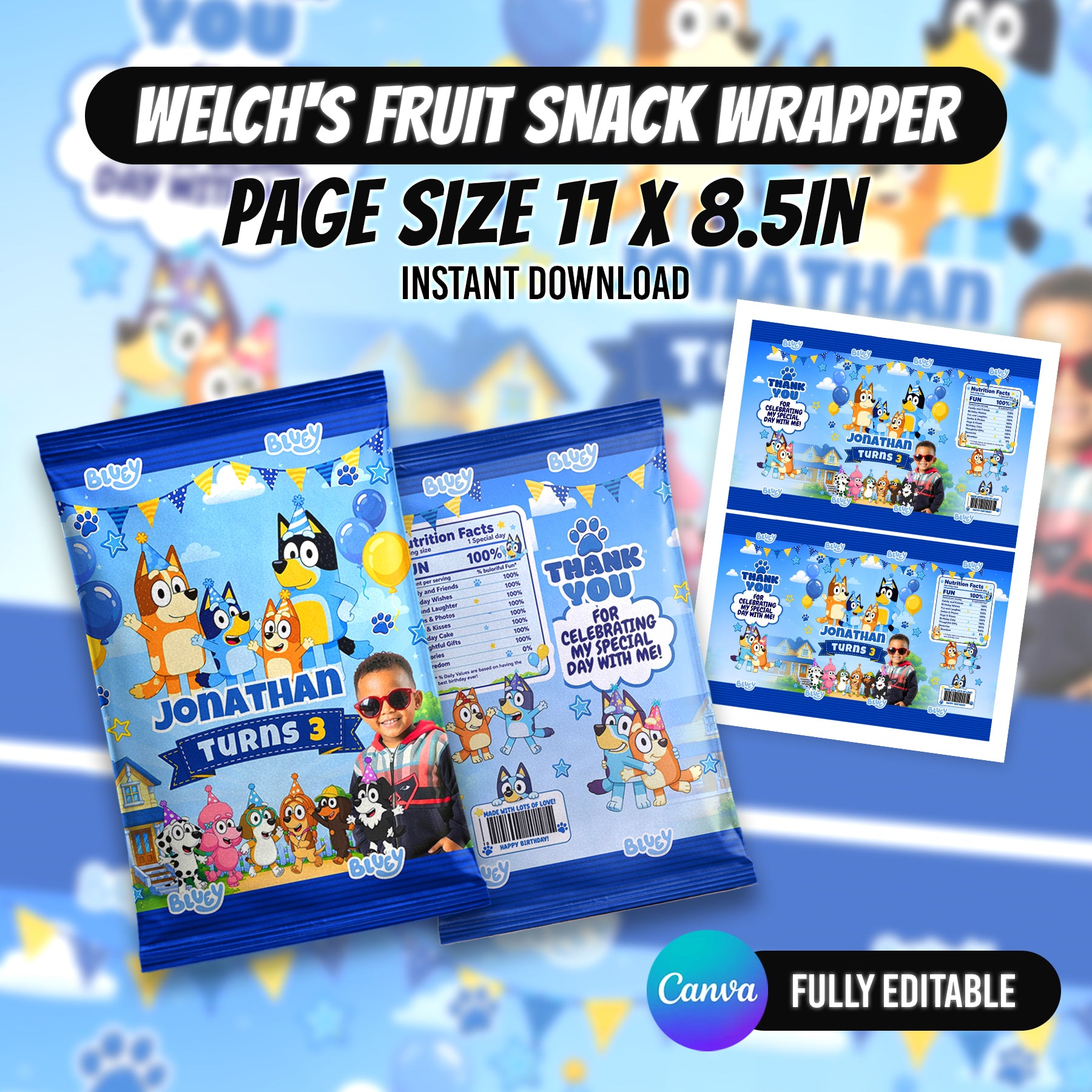Blue Puppy Birthday Party Favor Bundle Canva Editable 10 Item Kids Party Kit Custom Photo Water Bottle Chip Bag Invitation Digital Download