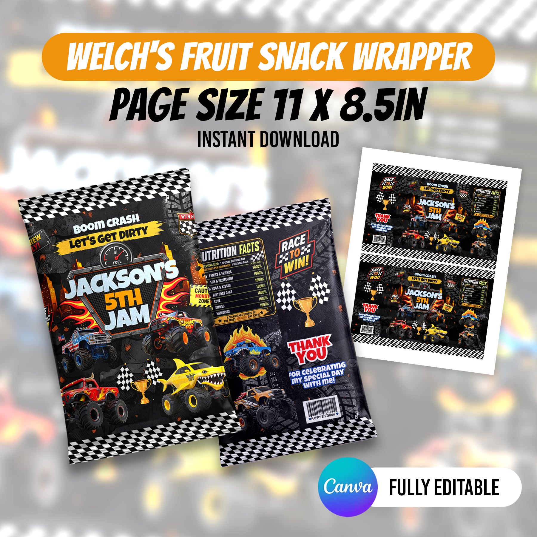 Monster Truck Birthday Party Favor Bundle Canva Editable 10 Item Boys Party Boom Crash Water Bottle Chip Bag Invitation Instant Download