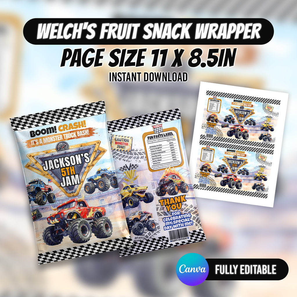 Monster Truck Bash Birthday Party Favor Bundle Canva 10 Item Boys Party Kit Arena Truck Water Bottle Chip Bag Invitation Instant Download