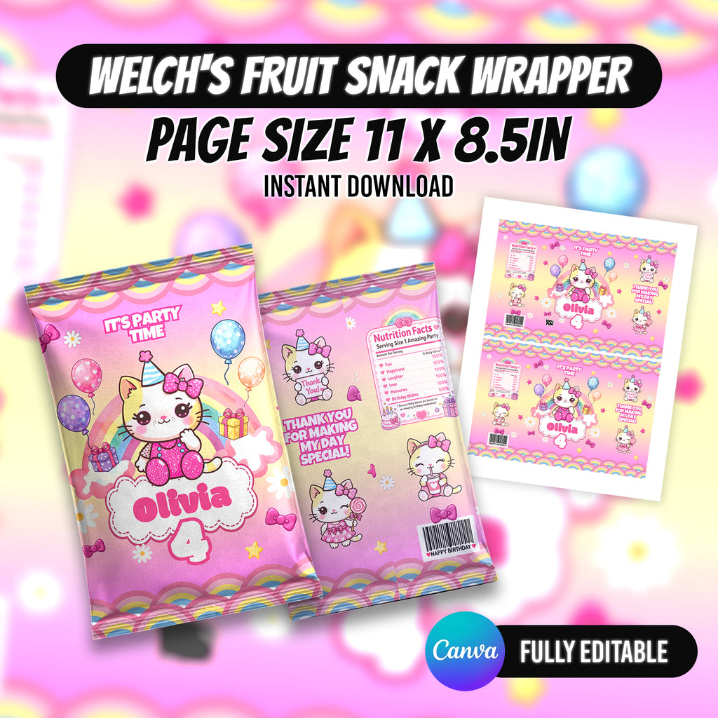 Kawaii Cat Birthday Party Favor Bundle Canva Editable 10 Item Pink Girls Party Cute Cat Water Bottle Chip Bag Invitation Instant Download