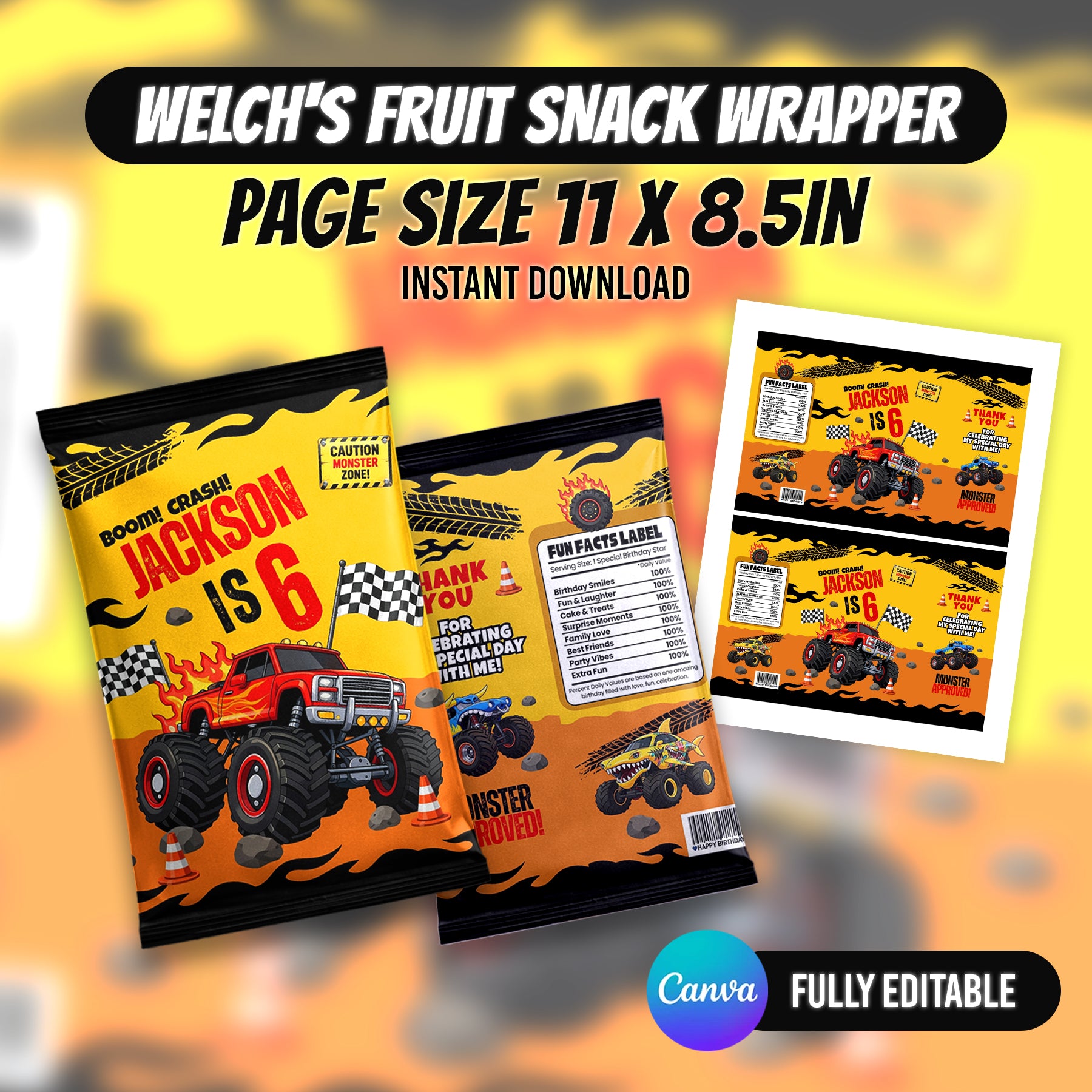 Monster Truck Bash Birthday Party Favor Bundle Canva 10 Item