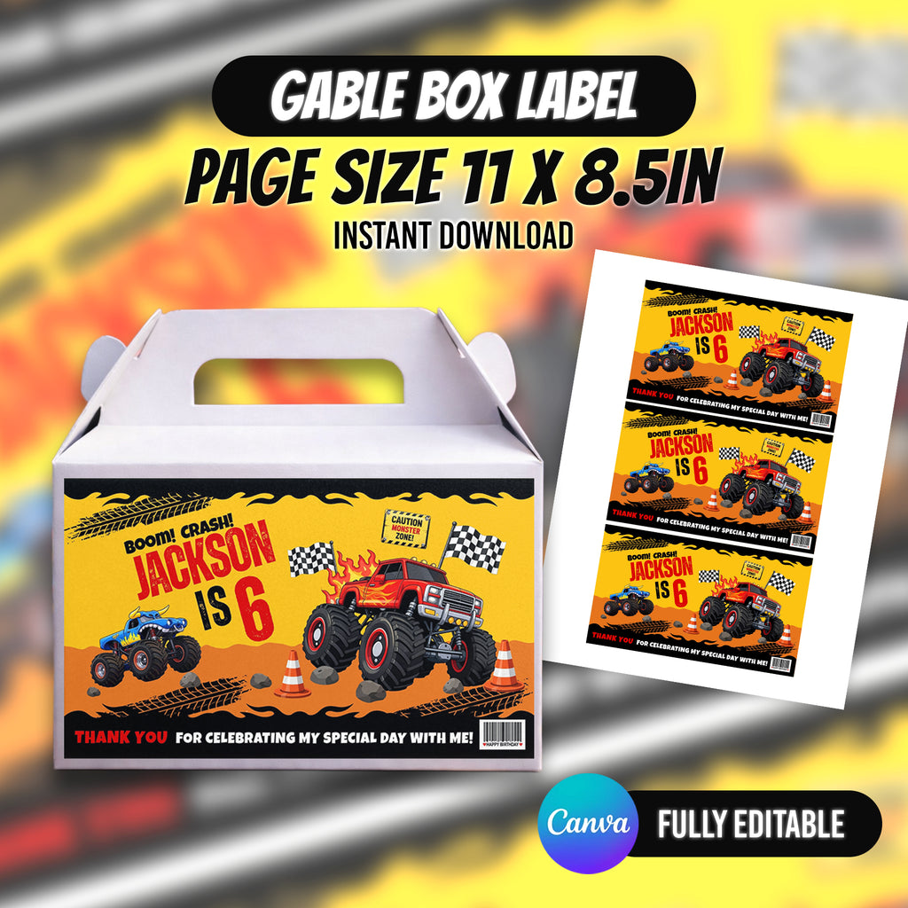 Monster Truck Bash Birthday Party Favor Bundle Canva 10 Item