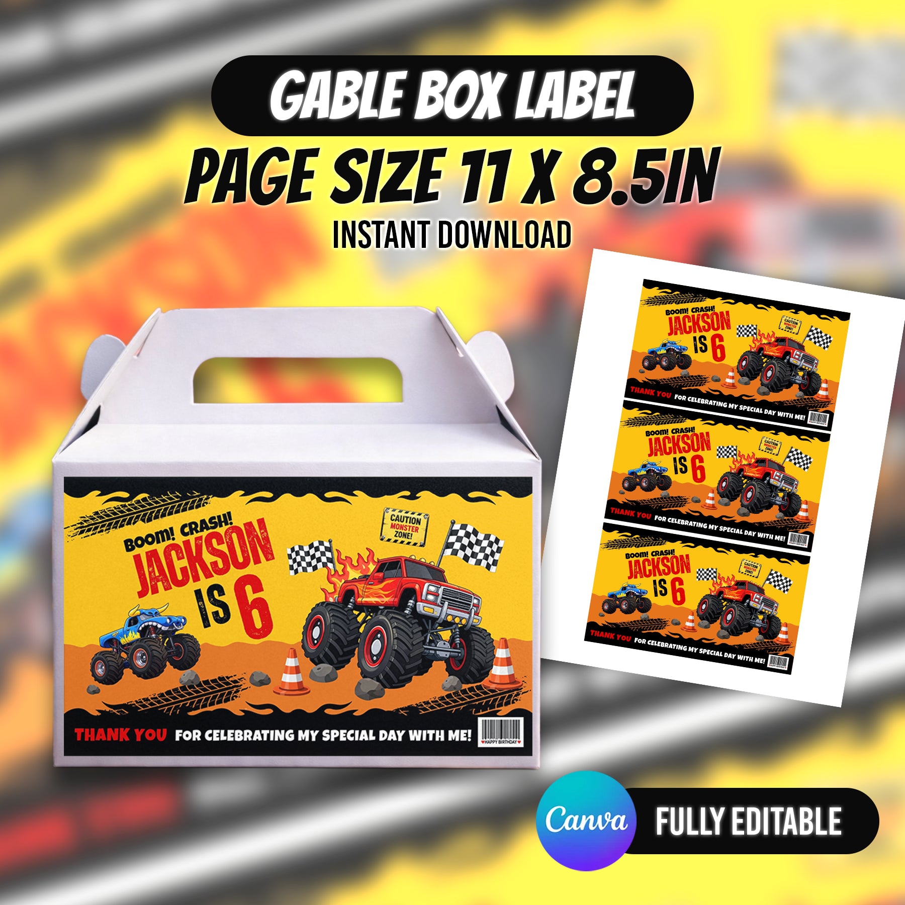 Monster Truck Bash Birthday Party Favor Bundle Canva 10 Item