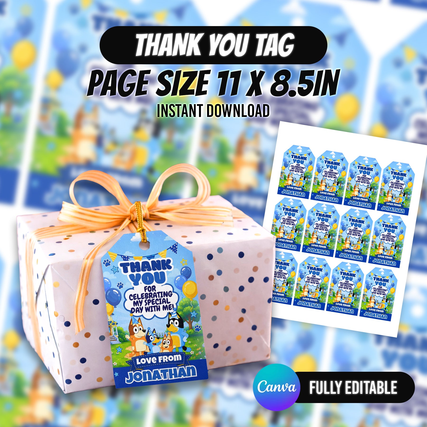 Blue Puppy Birthday Party Favor Bundle Canva Editable 10 Item Kids Party Kit Custom Photo Water Bottle Chip Bag Invitation Digital Download