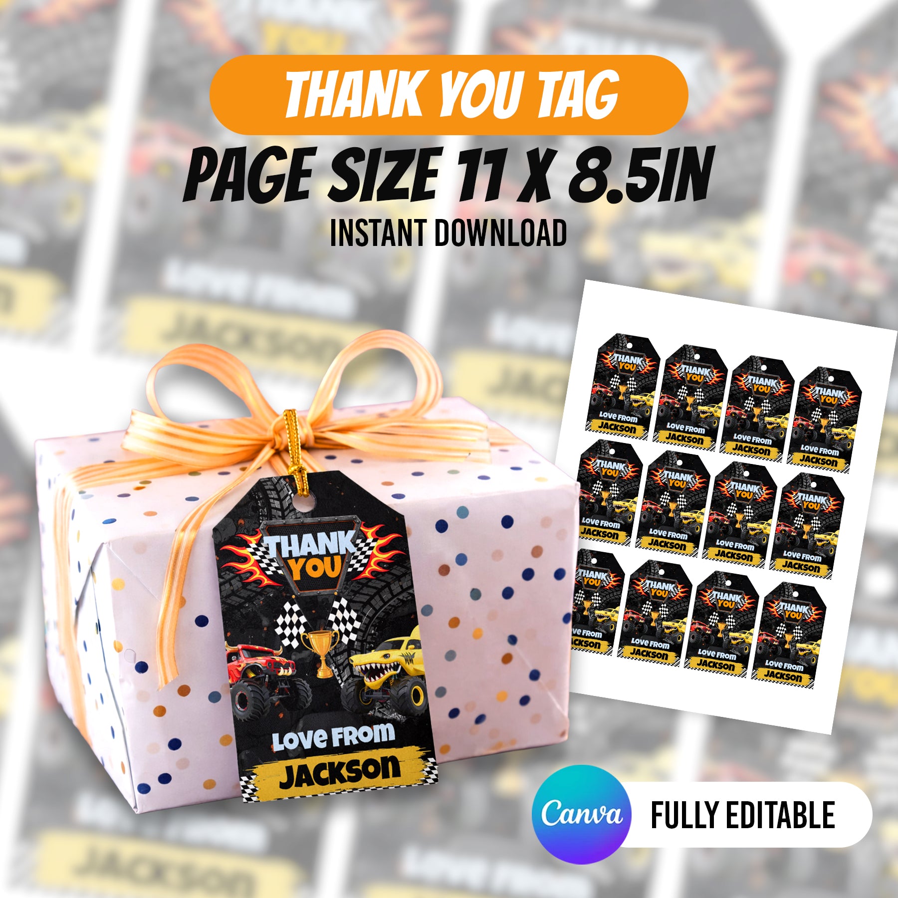 Monster Truck Birthday Party Favor Bundle Canva Editable 10 Item Boys Party Boom Crash Water Bottle Chip Bag Invitation Instant Download
