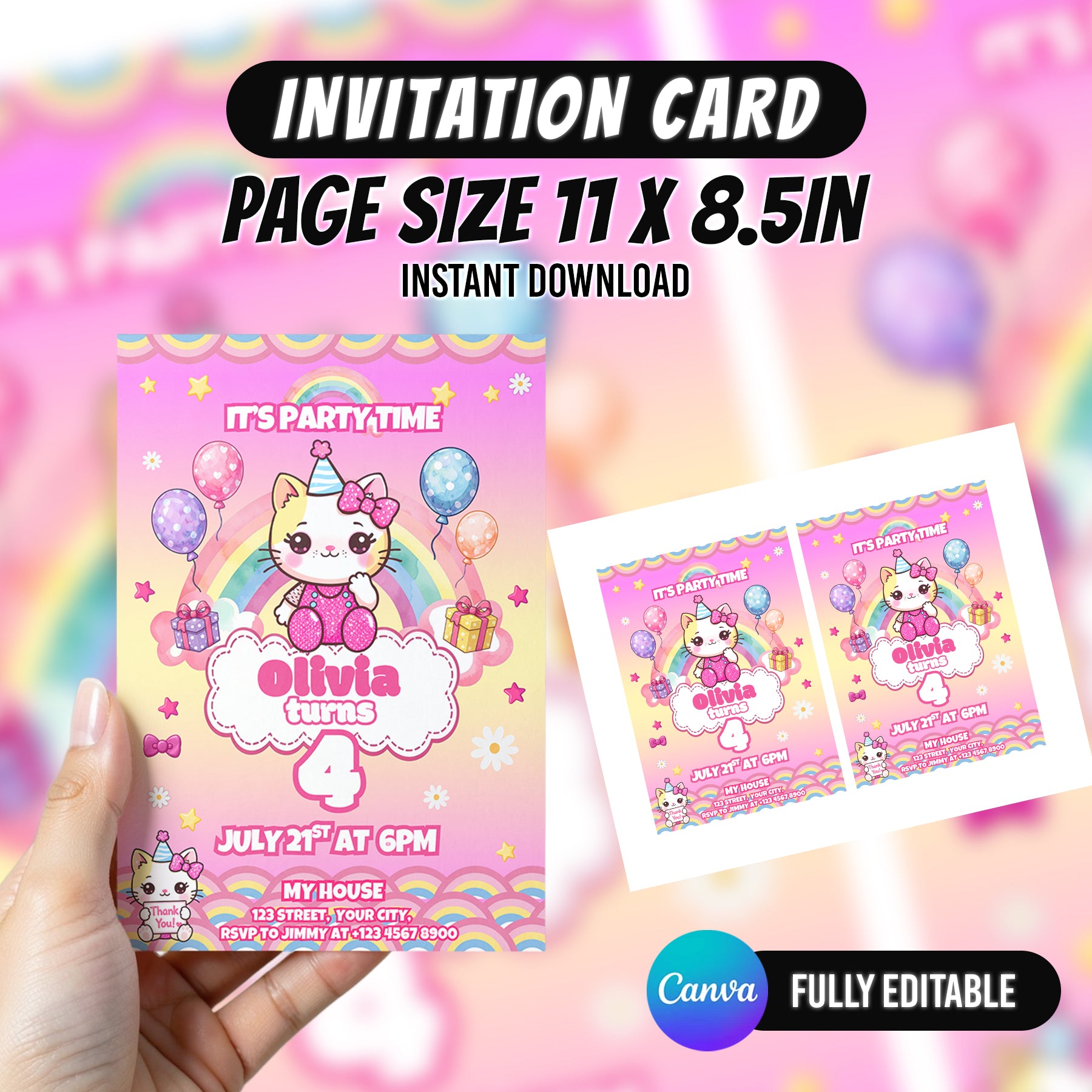 Kawaii Cat Birthday Party Favor Bundle Canva Editable 10 Item Pink Girls Party Cute Cat Water Bottle Chip Bag Invitation Instant Download