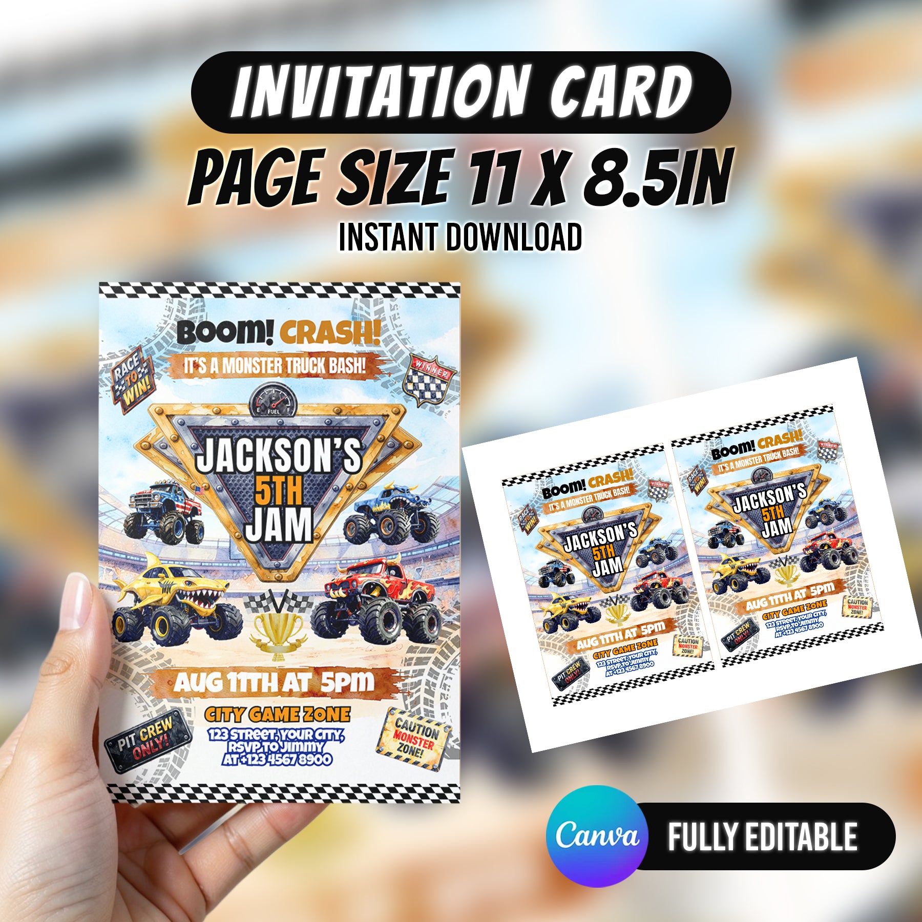 Monster Truck Bash Birthday Party Favor Bundle Canva 10 Item Boys Party Kit Arena Truck Water Bottle Chip Bag Invitation Instant Download