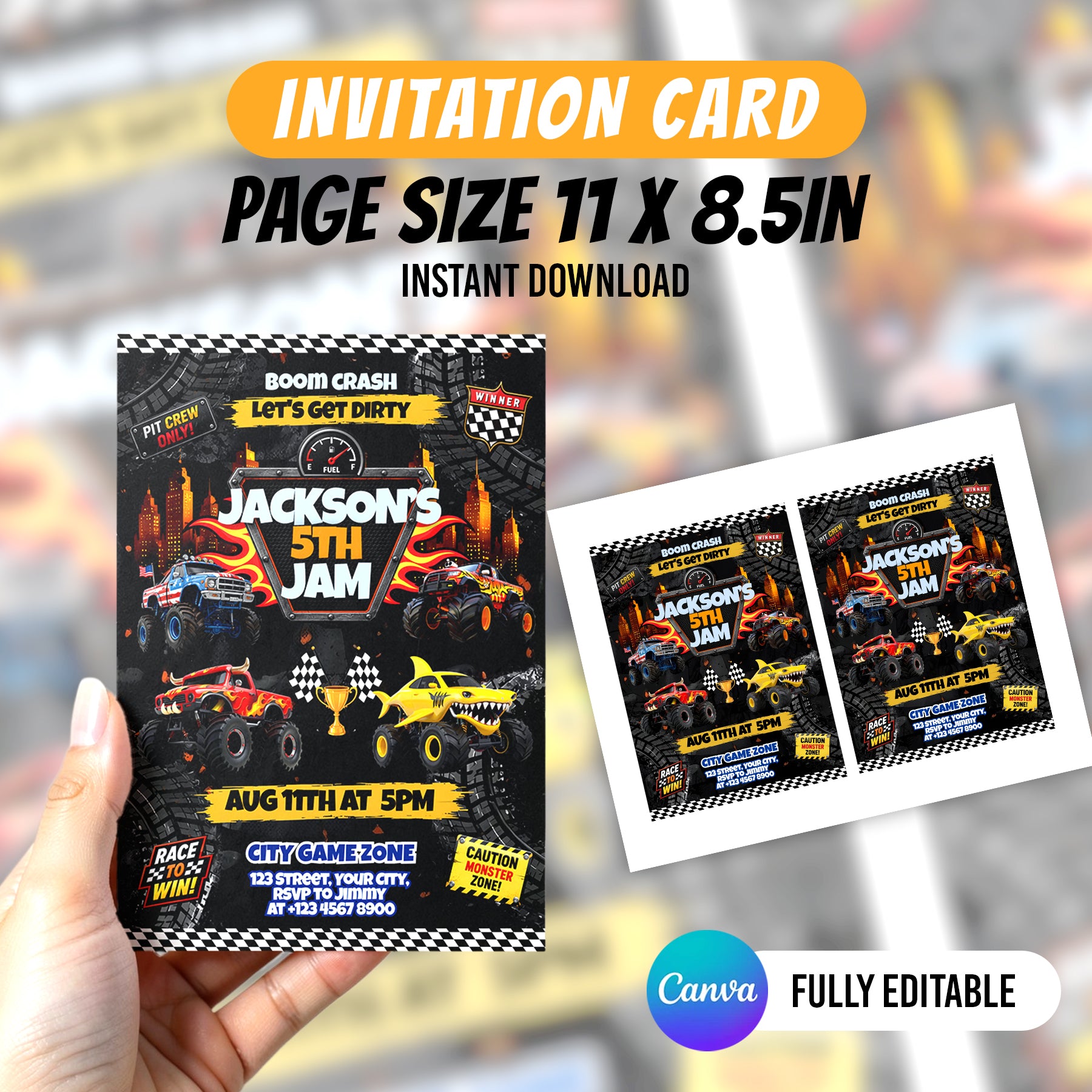 Monster Truck Birthday Party Favor Bundle Canva Editable 10 Item Boys Party Boom Crash Water Bottle Chip Bag Invitation Instant Download