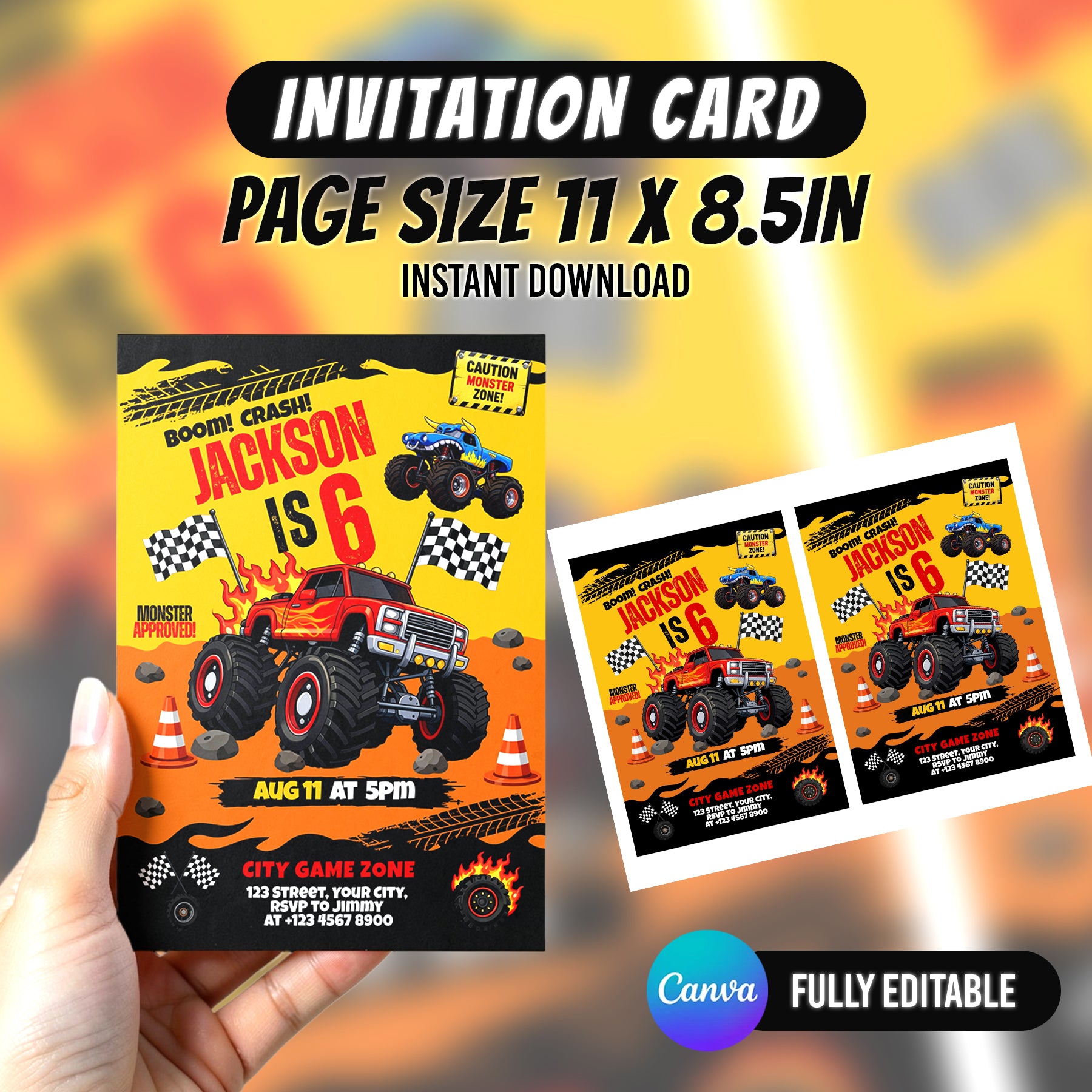 Monster Truck Bash Birthday Party Favor Bundle Canva 10 Item