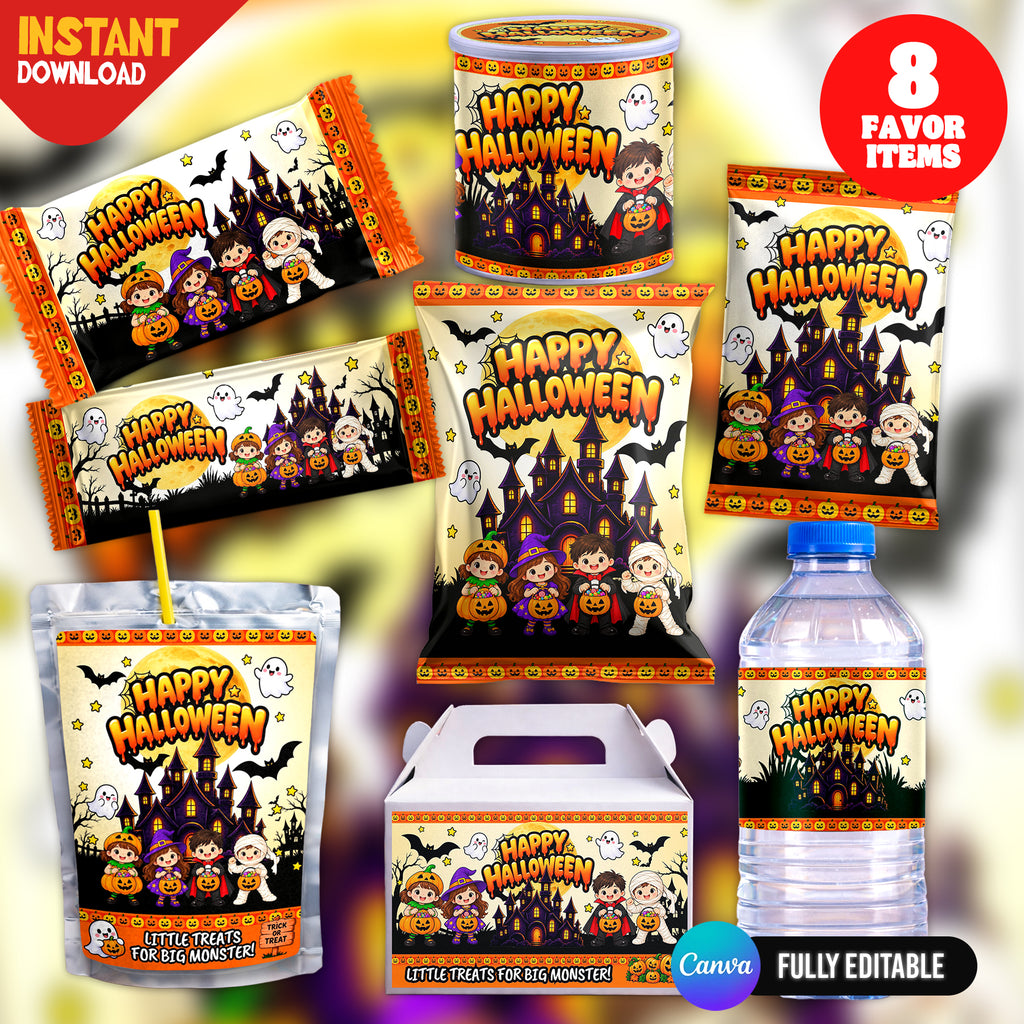 Make Halloween extra spooky with 8 editable Canva party favor templates, including chip bags, bottle labels, candy wrappers and treat packaging. Instant digital download from PXGFX.