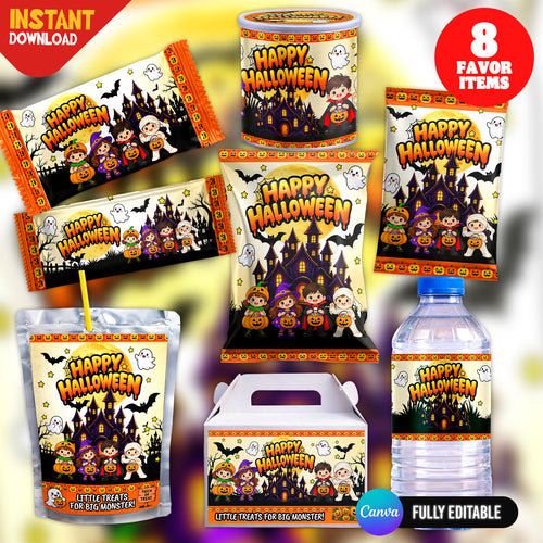 Make Halloween extra spooky with 8 editable Canva party favor templates, including chip bags, bottle labels, candy wrappers and treat packaging. Instant digital download from PXGFX.