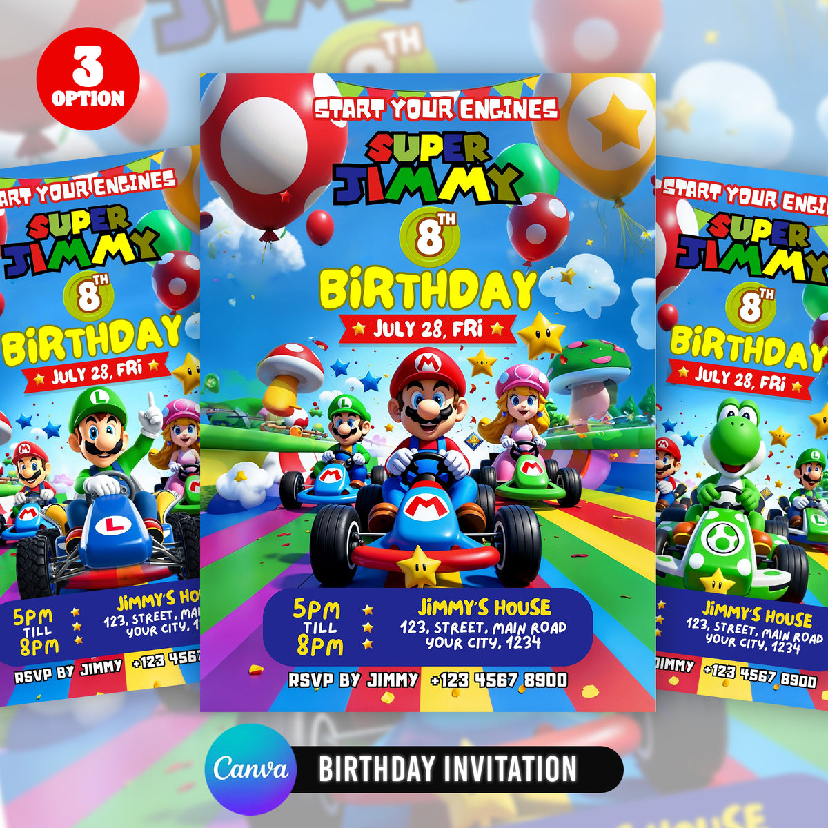 Mario Birthday Invitation Editable Canva Party Invite 3 Options