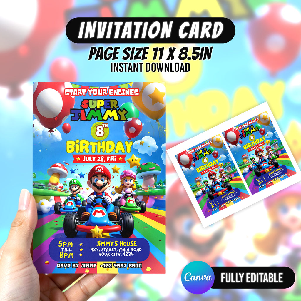 Mario Birthday Invitation Editable Canva Party Invite 3 Options