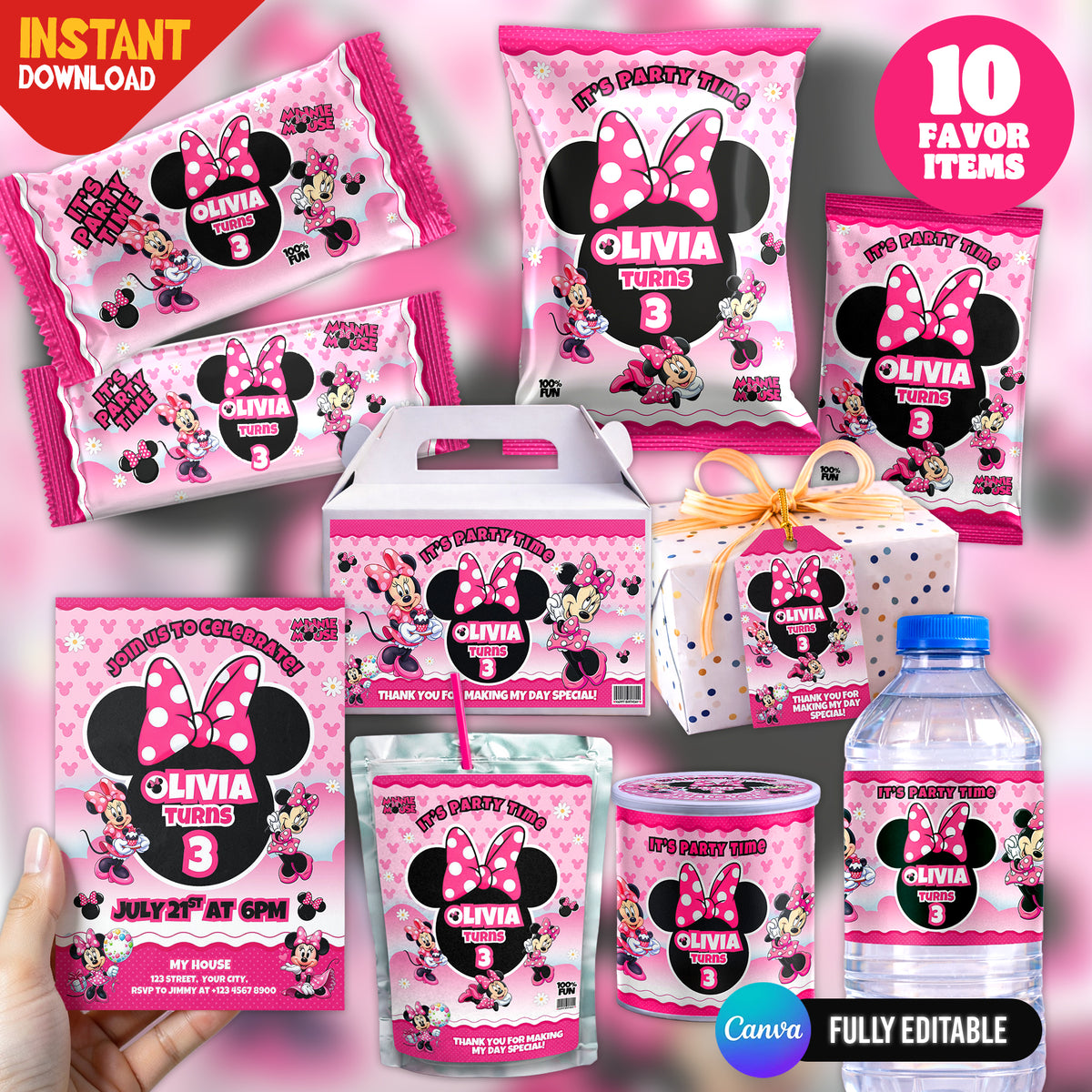 Minni Mouse Birthday Party Favor Bundle Editable Canva Birthday Party Kit 10 Favor Items