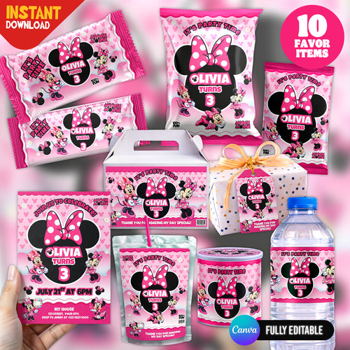 Minni Mouse Birthday Party Favor Bundle Editable Canva Birthday Party Kit 10 Favor Items