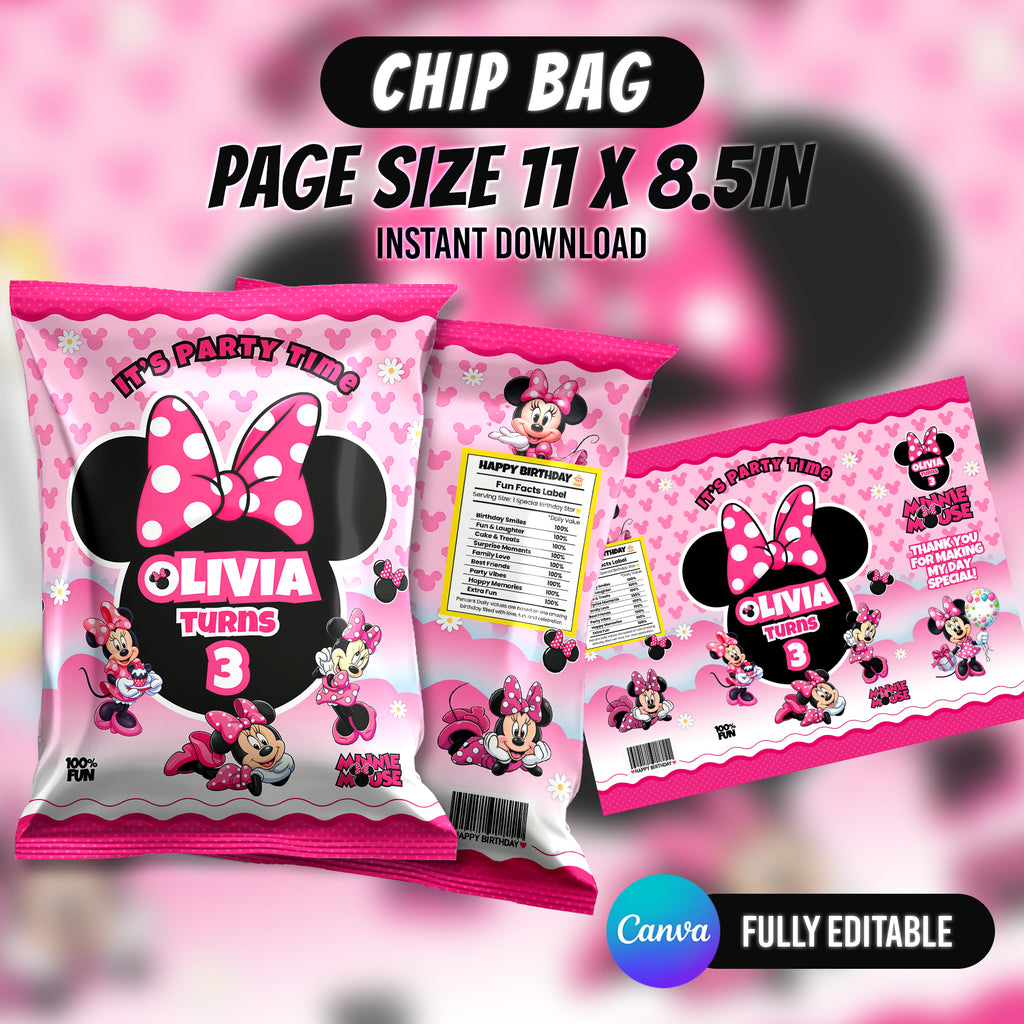 Minni Mouse Birthday Party Favor Bundle Editable Canva Birthday Party Kit 10 Favor Items