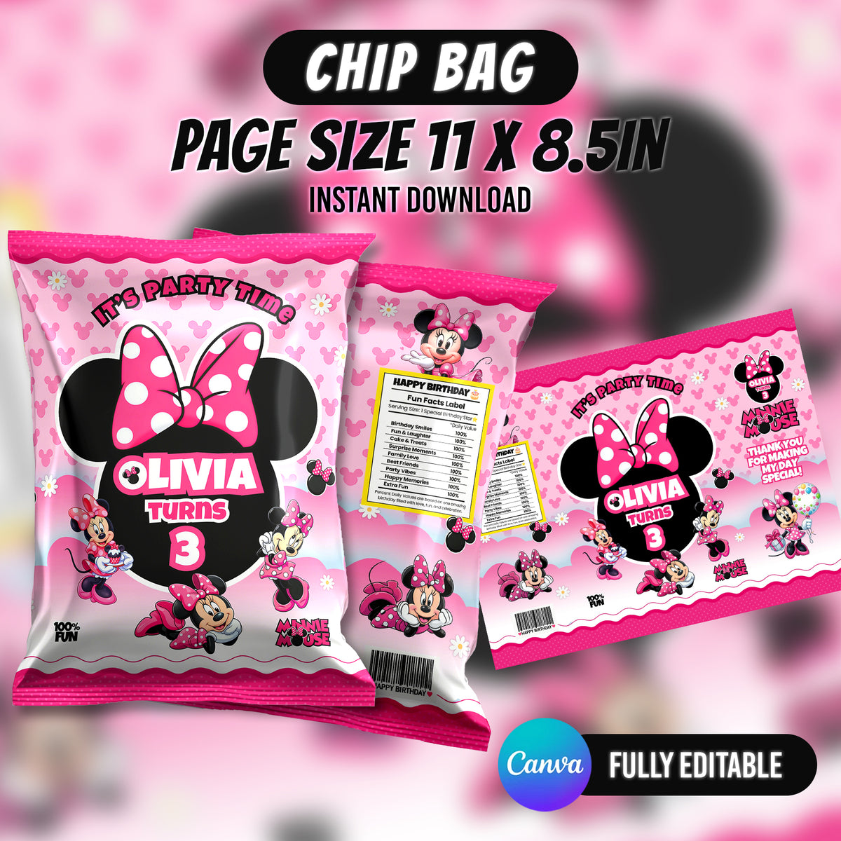 Minni Mouse Birthday Party Favor Bundle Editable Canva Birthday Party Kit 10 Favor Items