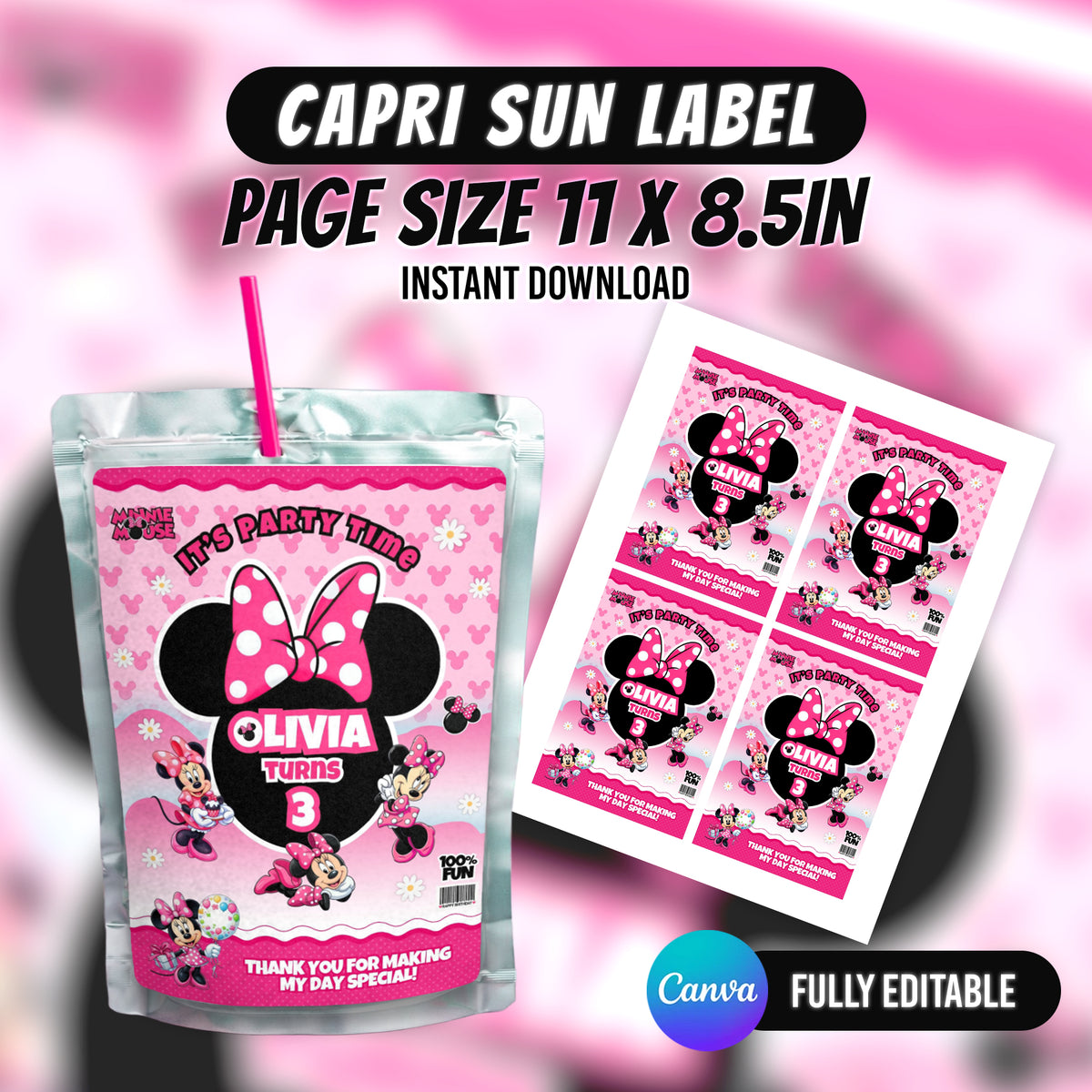Minni Mouse Birthday Party Favor Bundle Editable Canva Birthday Party Kit 10 Favor Items