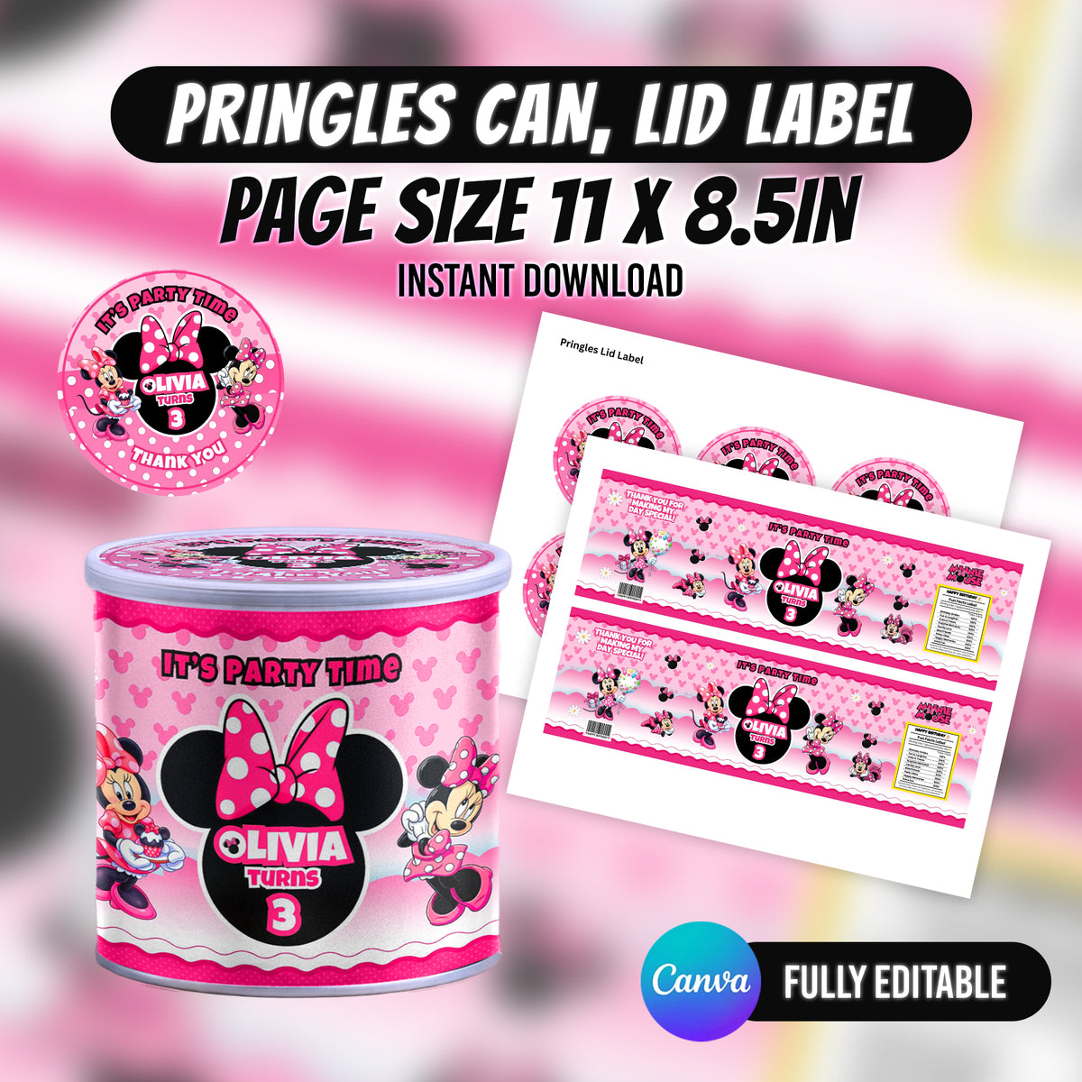 Minni Mouse Birthday Party Favor Bundle Editable Canva Birthday Party Kit 10 Favor Items